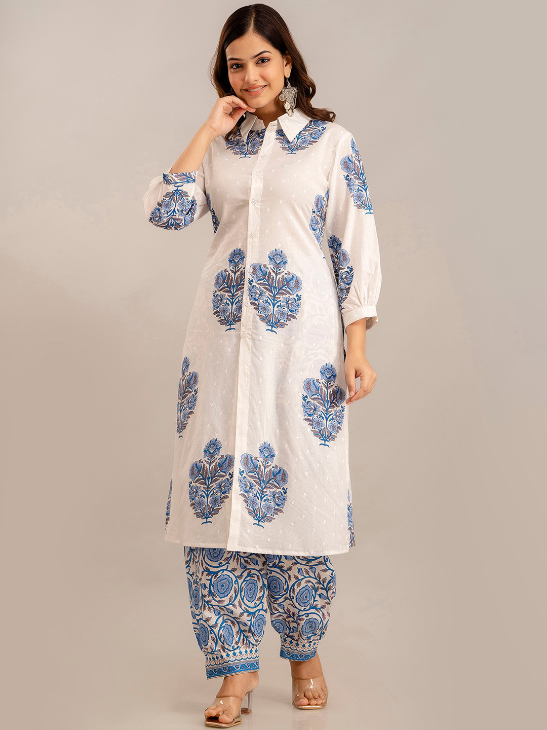 

KALINI Floral Printed Shirt Collar Pure Cotton Kurta With Salwar, Blue