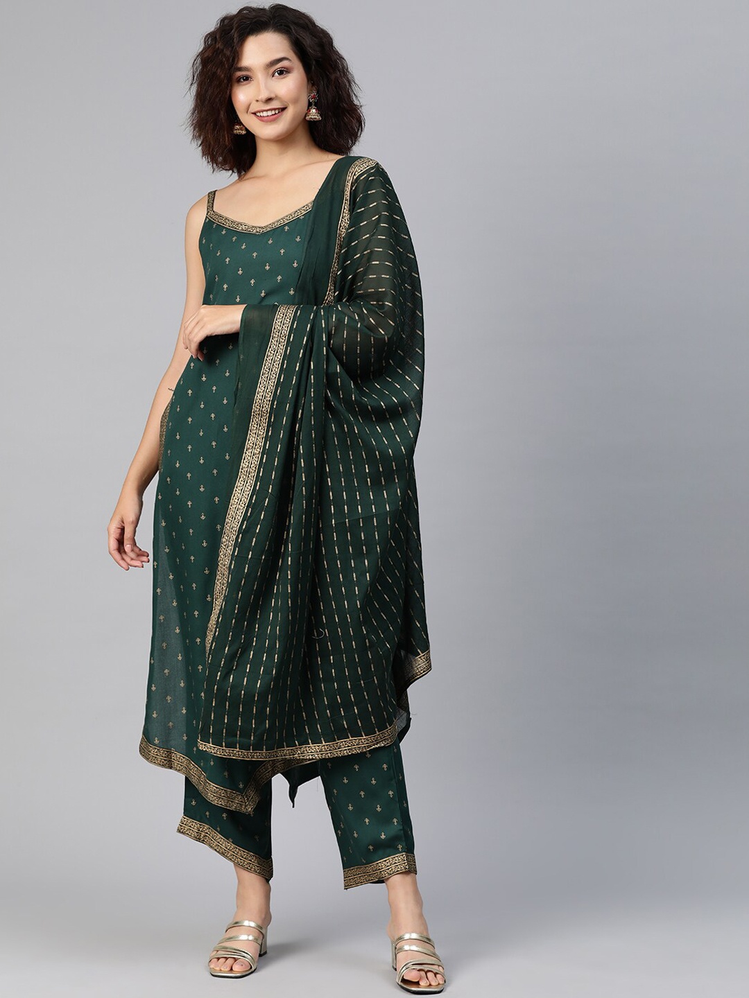 

KALINI Floral Printed Kurta With Trousers & Dupatta, Green