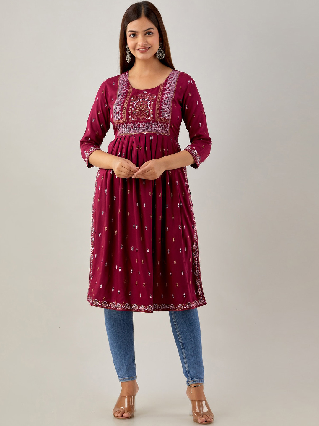 

KALINI Ethnic Motifs Printed Thread Work Pleated A-Line Kurta, Maroon