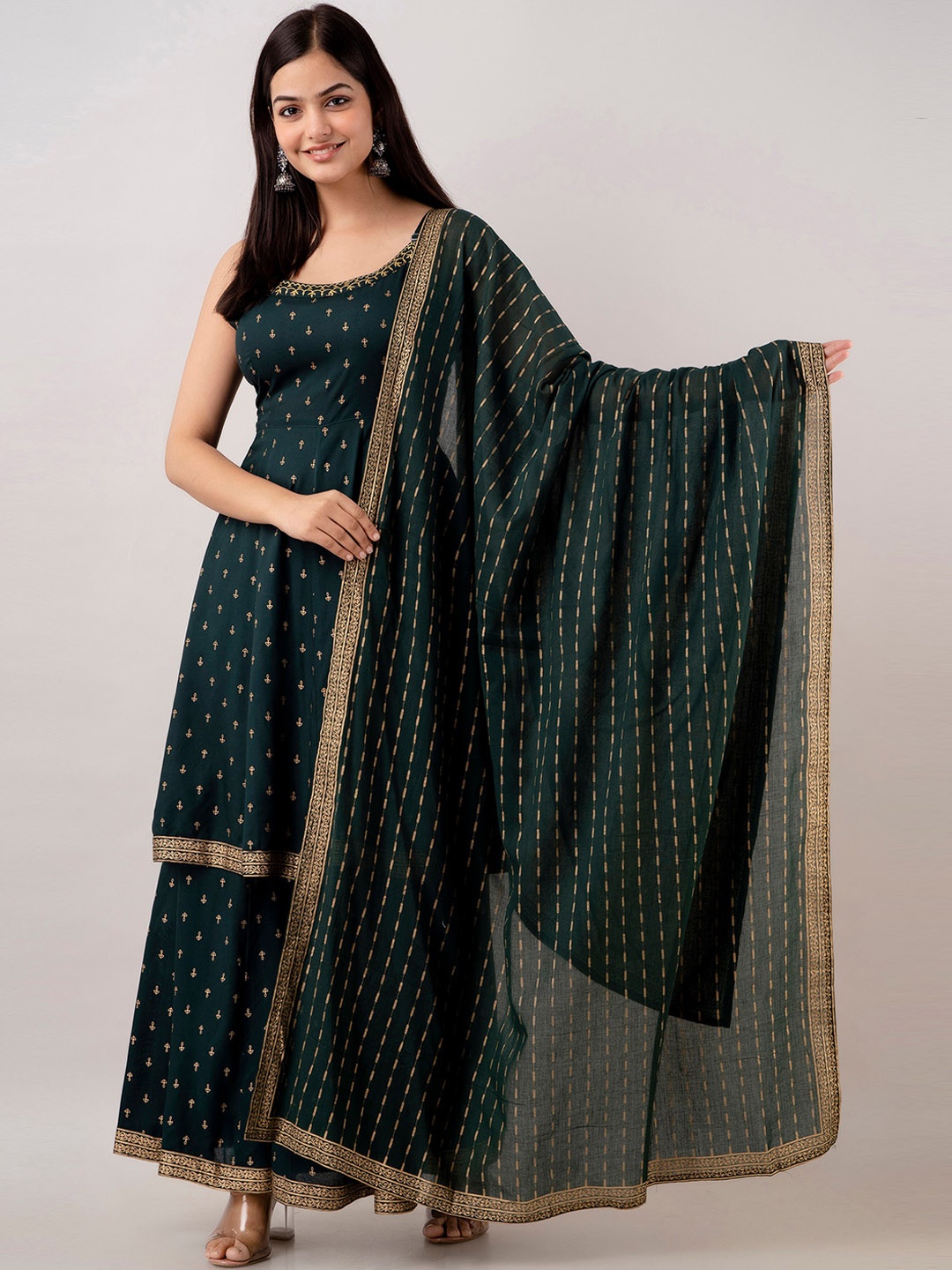 

KALINI Ethnic Motifs Printed A-Line Kurta With Sharara & Dupatta, Green