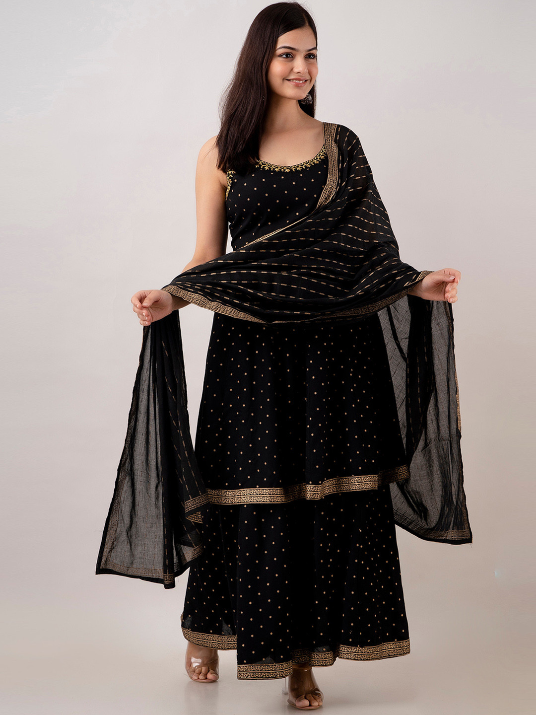 

KALINI Ethnic Motifs Embroidered A-Line Kurta With Sharara & Dupatta, Black
