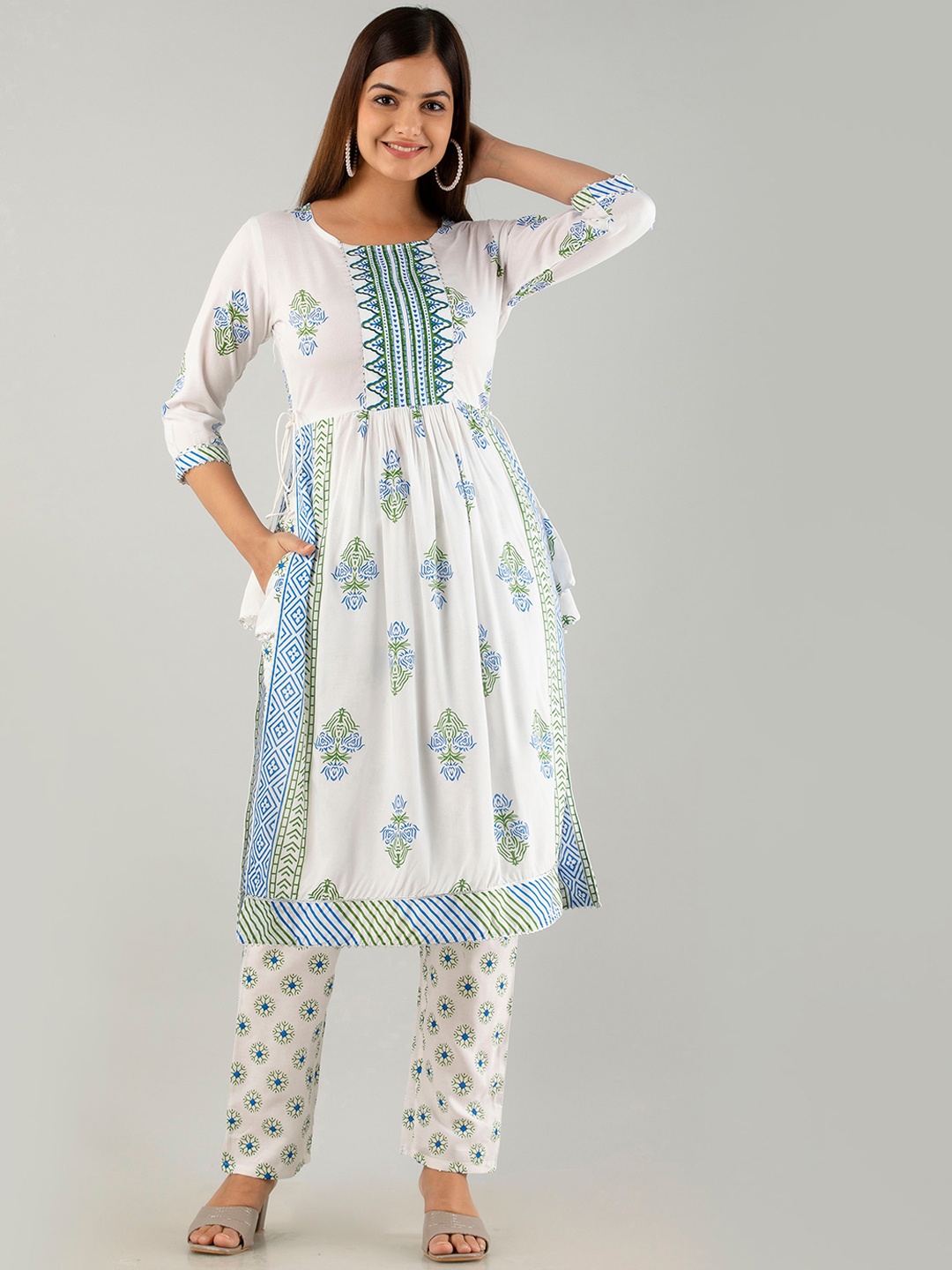 

KALINI Floral Printed A-Line Pleated Kurta With Trousers, White