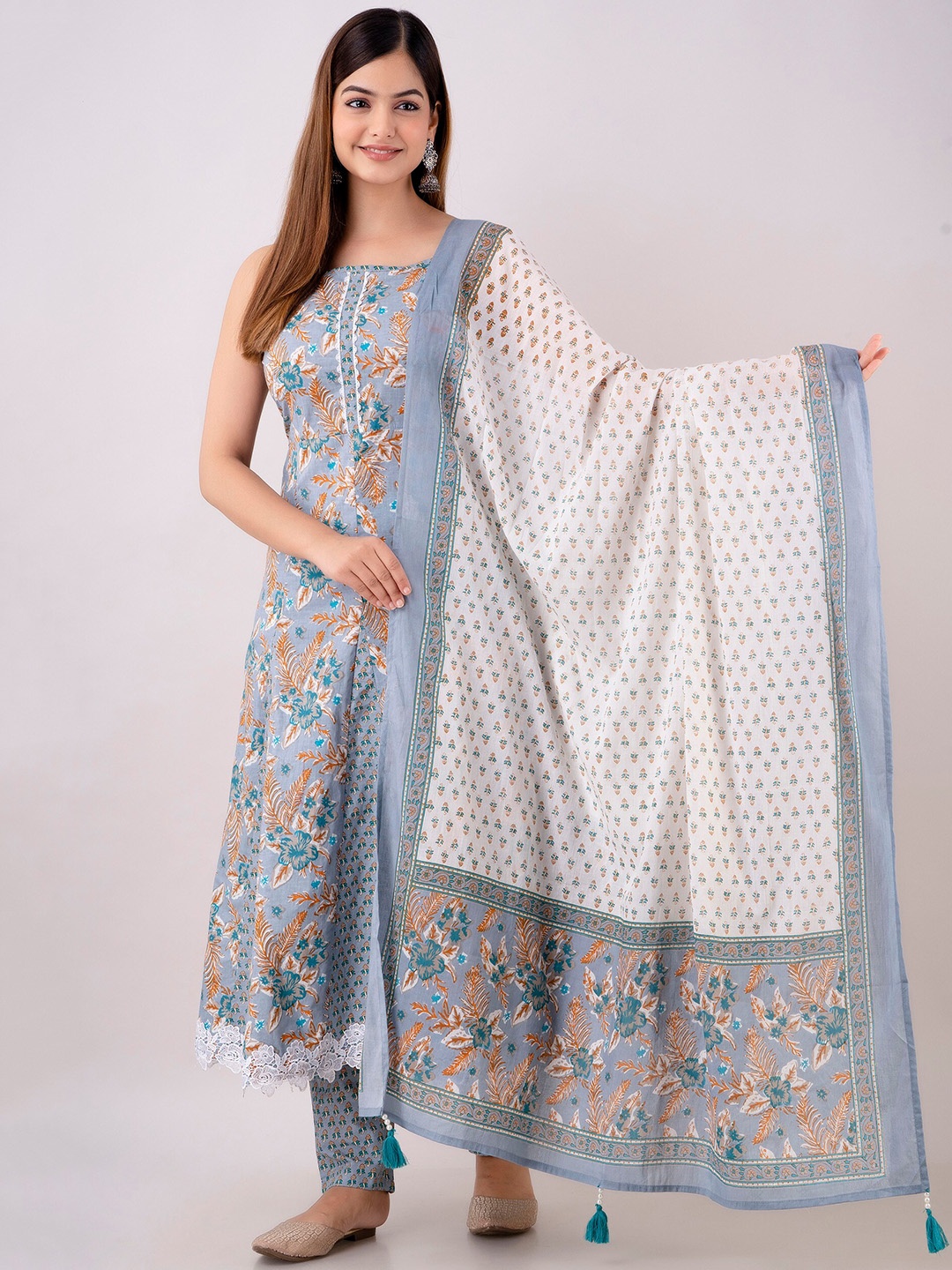 

KALINI Floral Printed Regular Pure Cotton Kurta With Trousers & Dupatta, Grey
