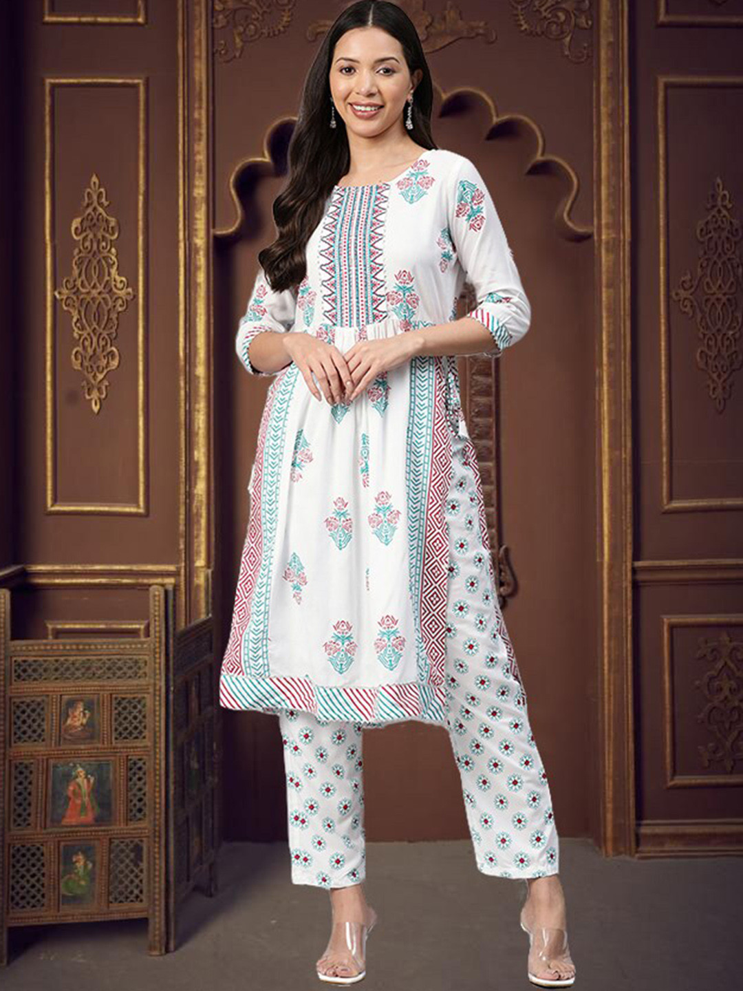 

KALINI Floral Printed Regular Kurta With Trousers, White