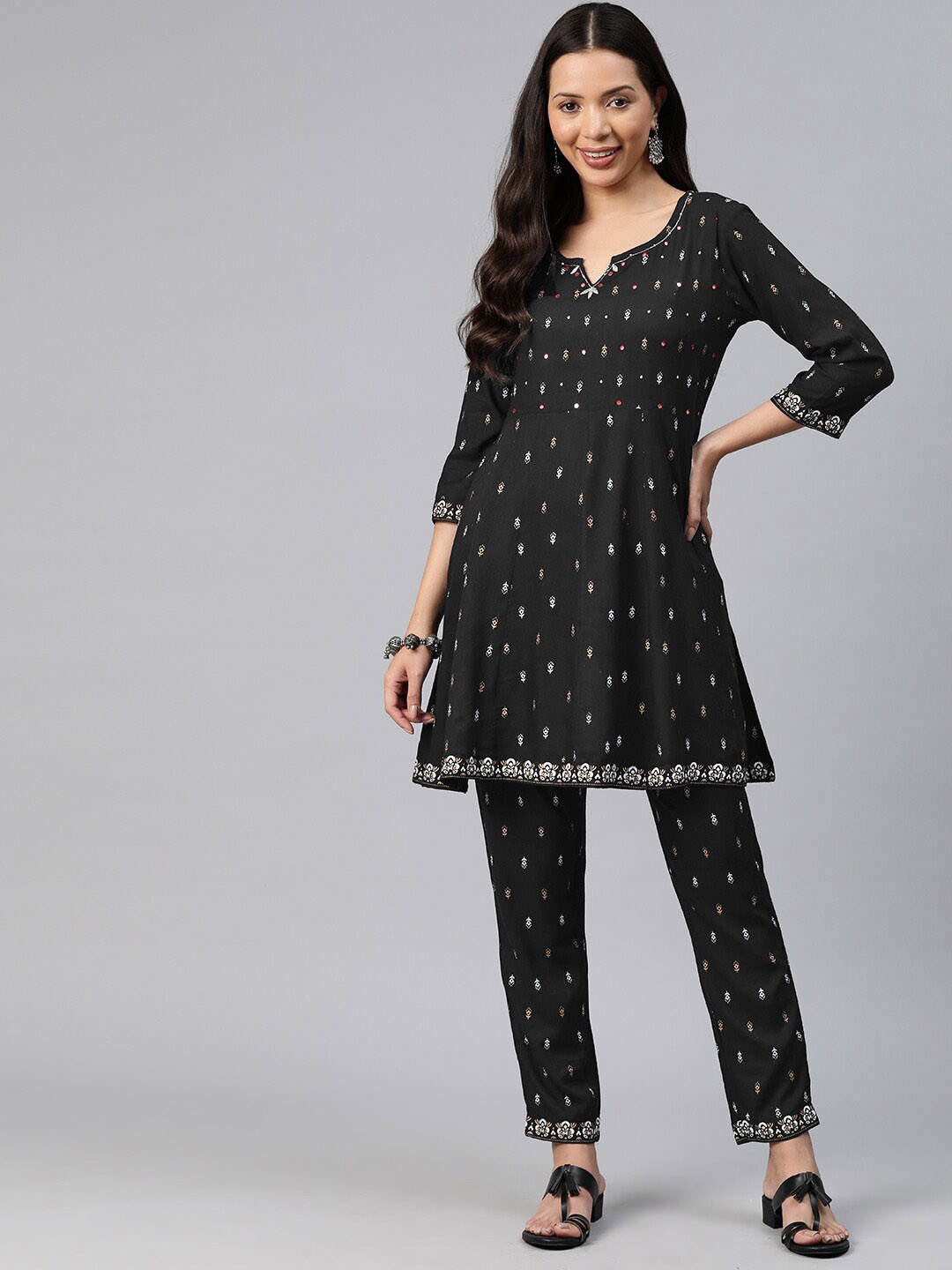 

KALINI Ethnic Motifs Printed Mirror Work A-Line Kurta with Trousers, Black