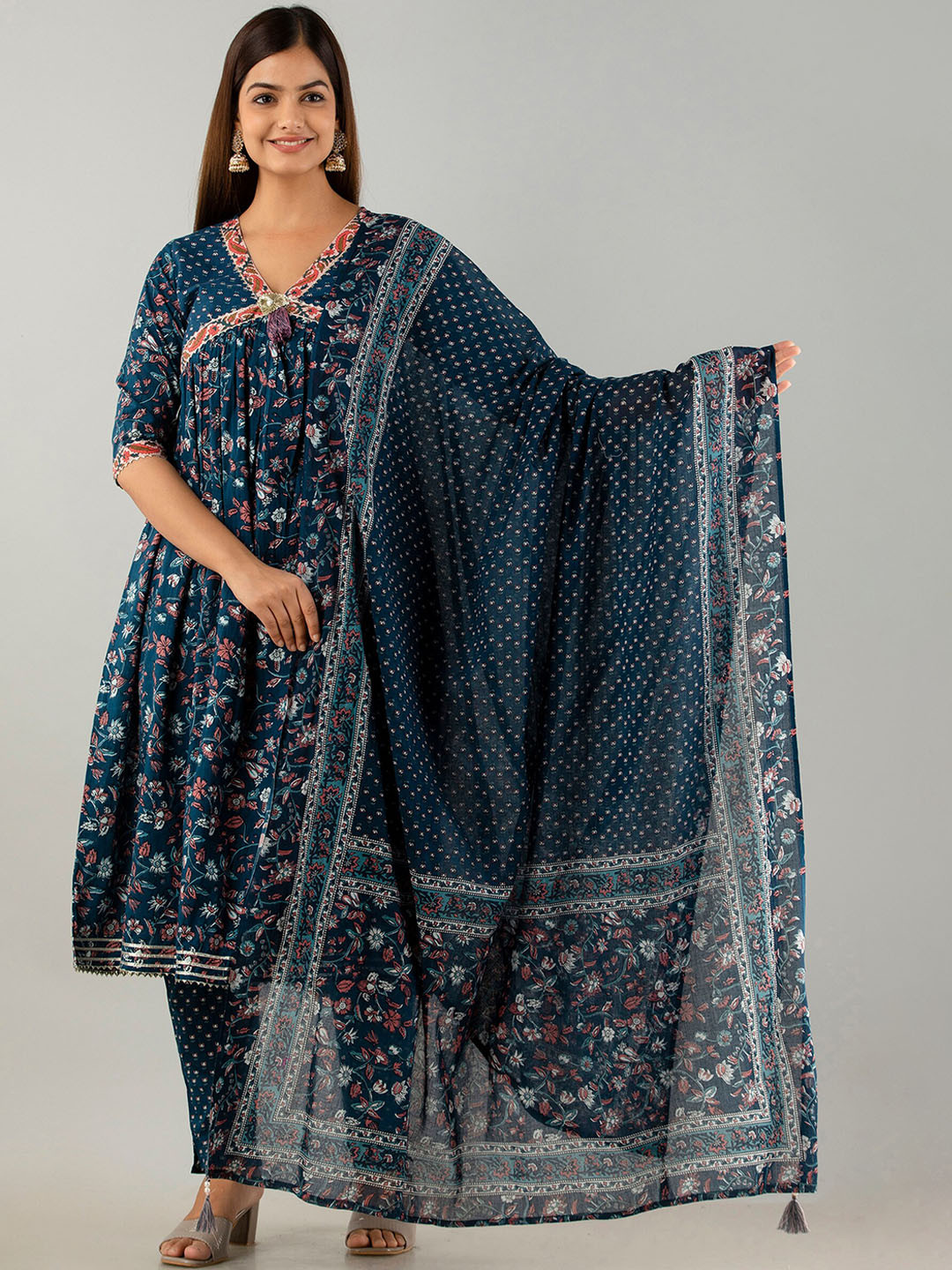 

KALINI Floral Printed Empire Gotta Patti Pure Cotton Kurta With Trousers & Dupatta, Blue