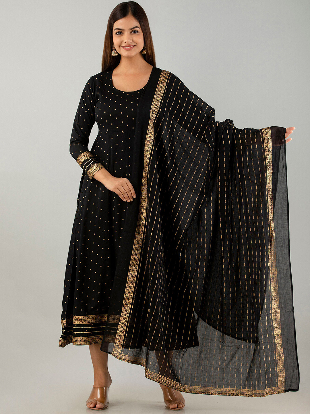 

KALINI Geometric Printed Fit & Flare Midi Ethnic Dress With Dupatta, Black