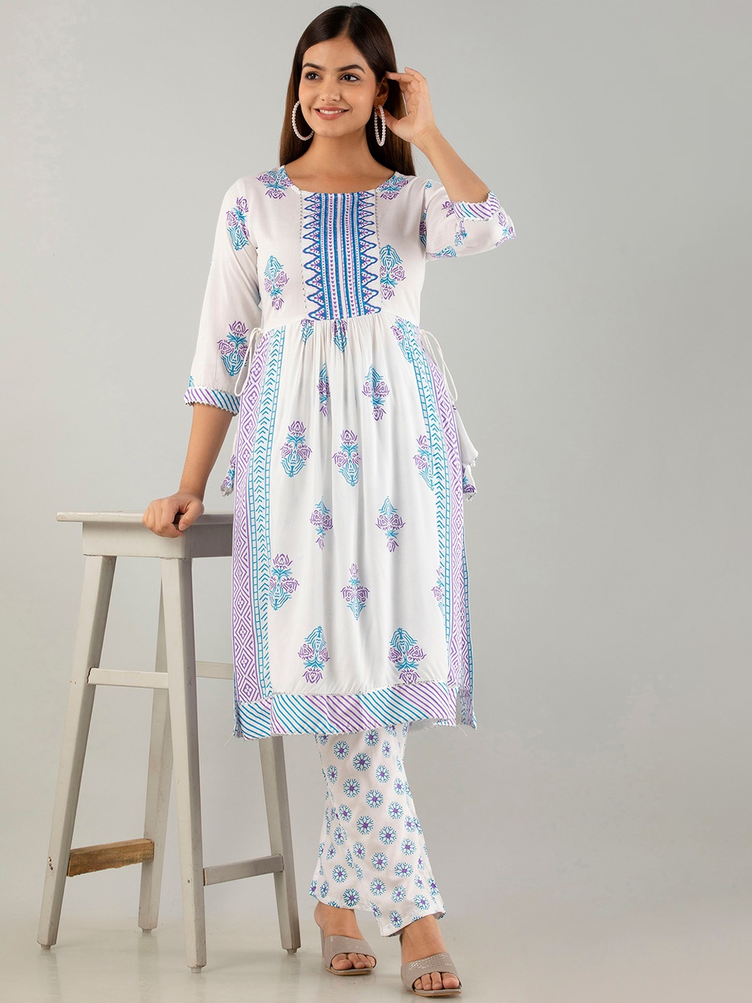

KALINI Floral Printed Round Neck Pleated Gotta Patti Kurta With Trousers, White