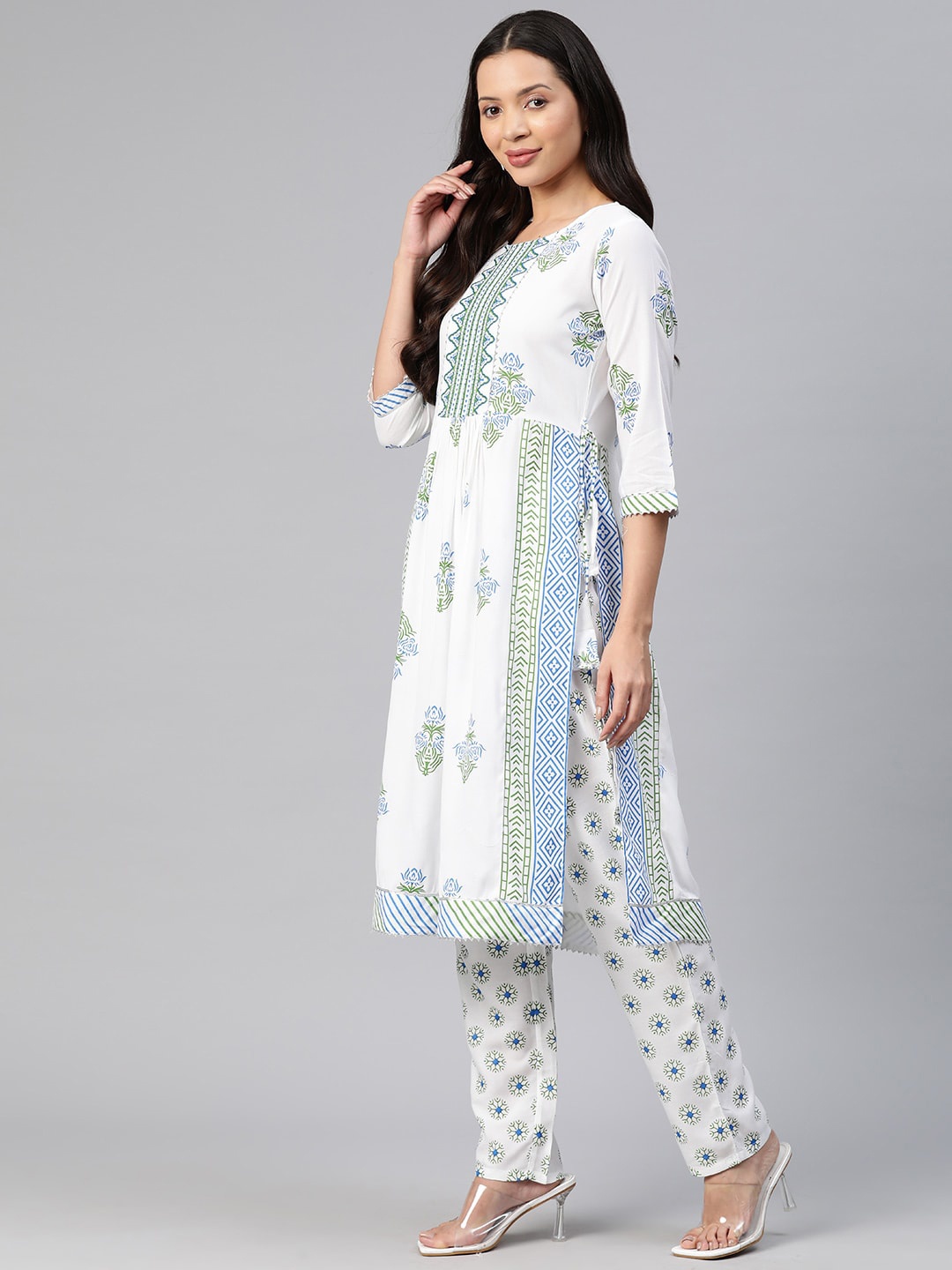 

KALINI Floral Printed Pleated Kurta With Trousers, White