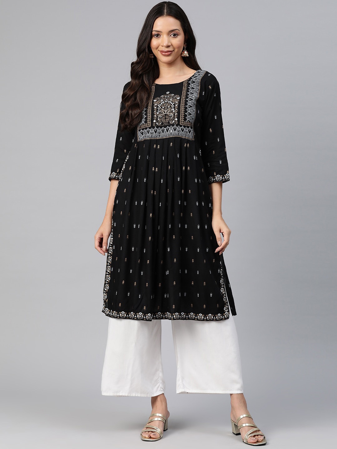 

KALINI Ethnic Motifs Printed Thread Work Pleated A-Line Kurta, Black