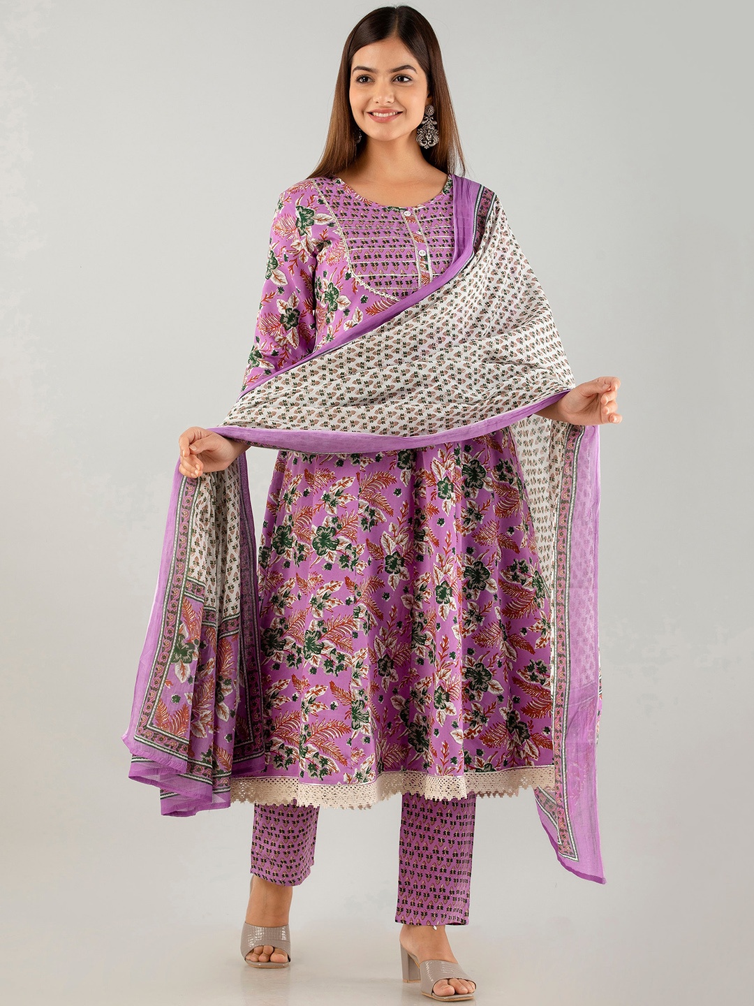 

KALINI Floral Printed Gotta Patti A Line Kurta With Trouser & Dupatta, Purple