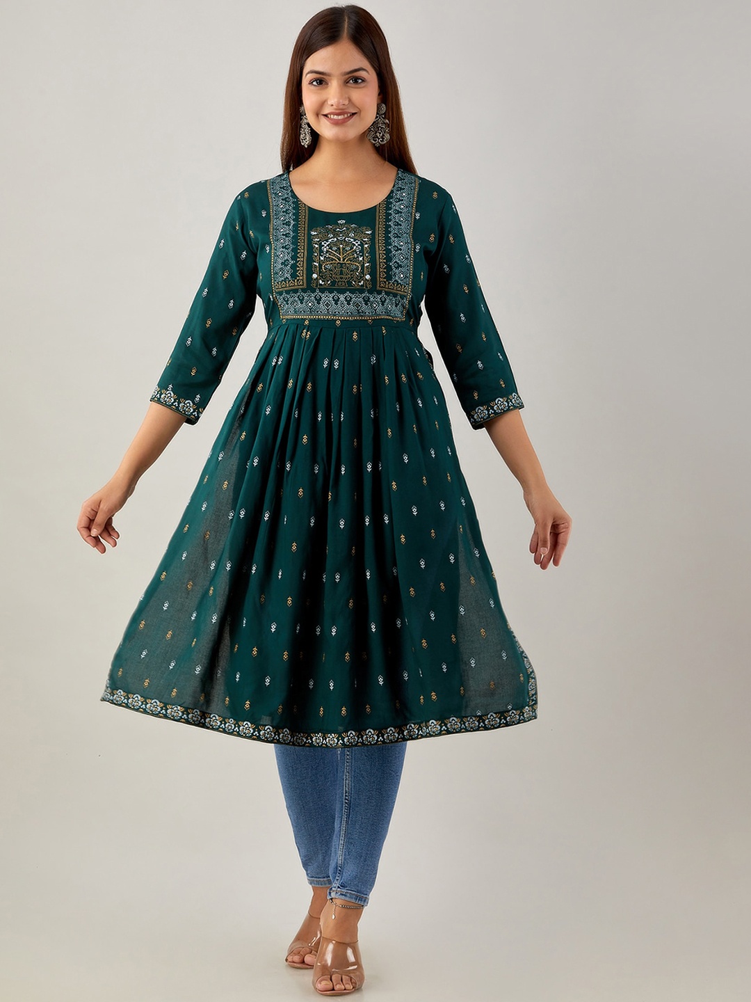

KALINI Ethnic Motifs Printed Pleated A-Line Kurta, Green