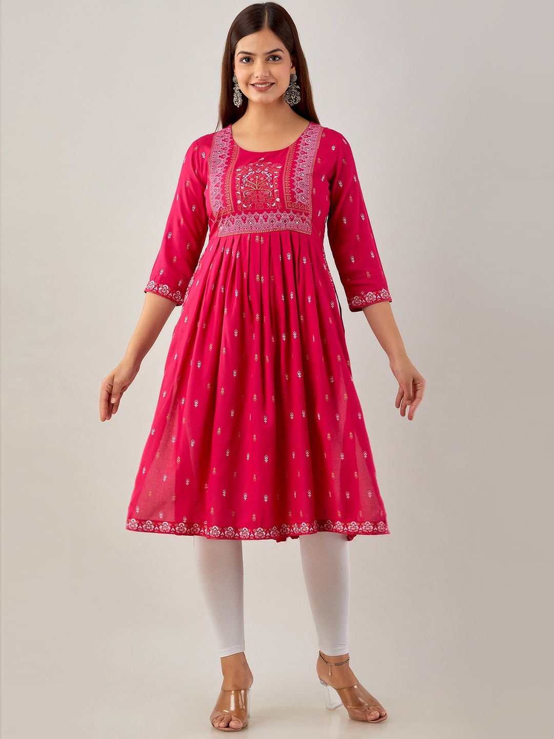 

KALINI Ethnic Motifs Printed Thread Work Pleated A-Line Kurta, Pink