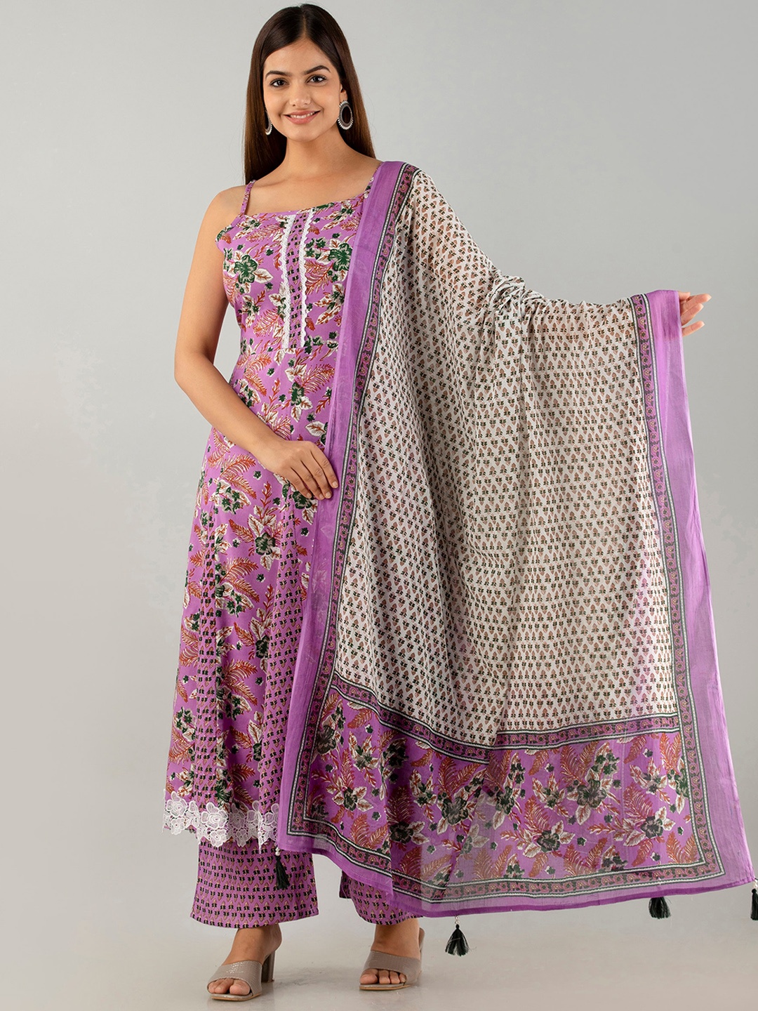 

KALINI Floral Printed Shoulder Straps Regular Kurta With Palazzos & Dupatta, Purple