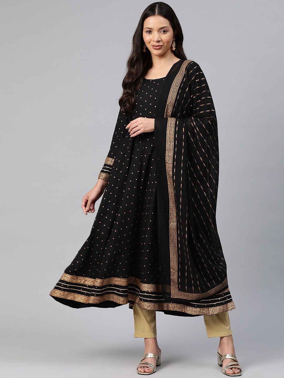 

KALINI Geometric Printed Anarkali Kurta & Trousers With Dupatta, Black