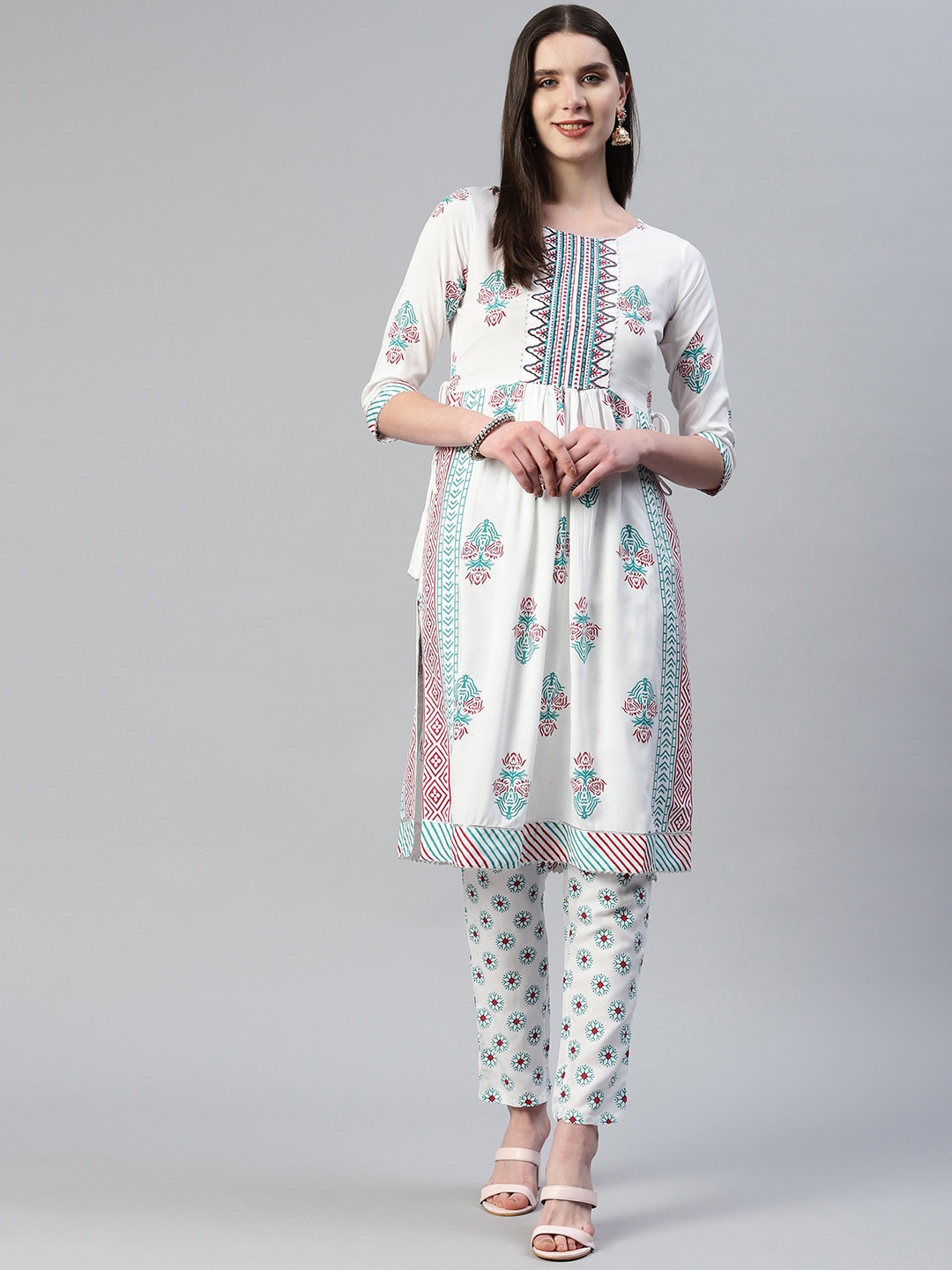 

KALINI Ethnic Motifs Printed Gotta Patti Pleated A-Line Kurta with Trouser, White