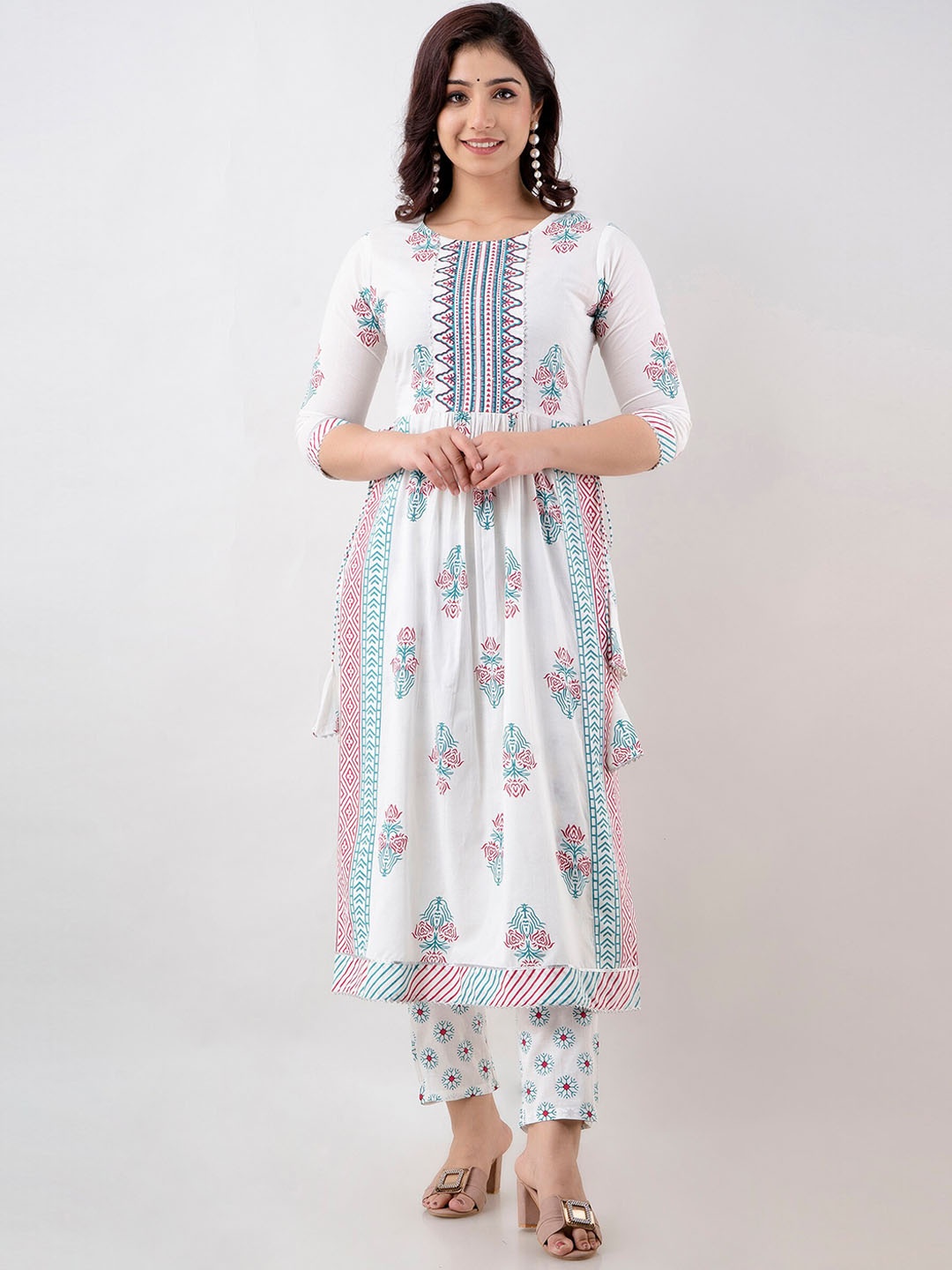 

KALINI Ethnic Motif Printed Regular Kurta with Trousers, White