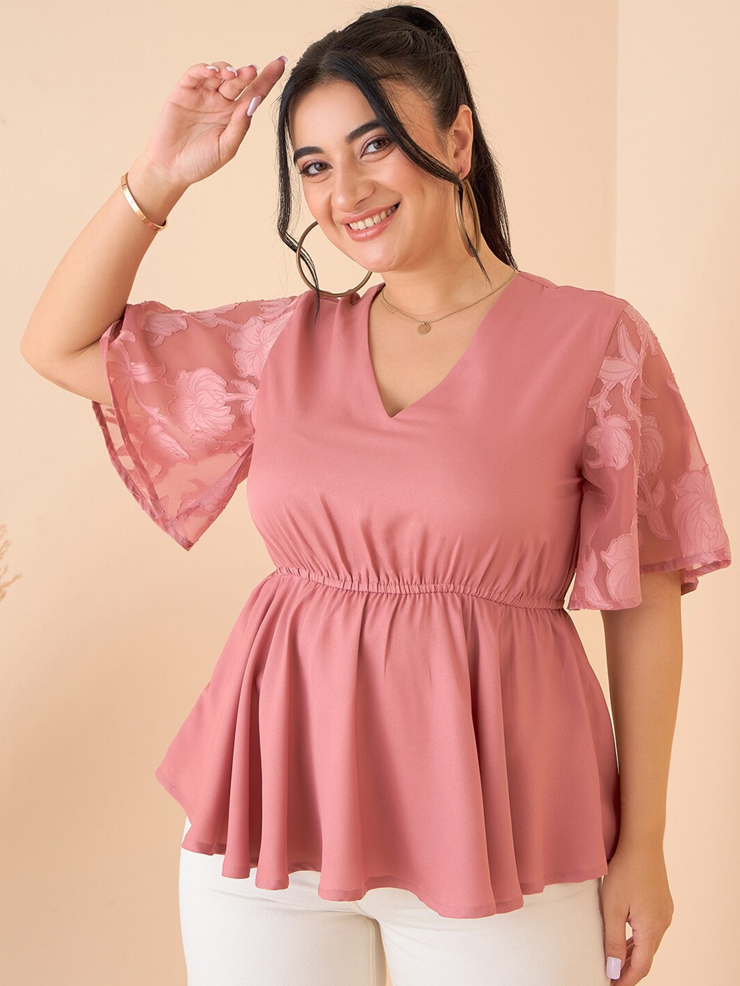 

CURVE BY KASSUALLY Pink Flared Sleeve Peplum Top