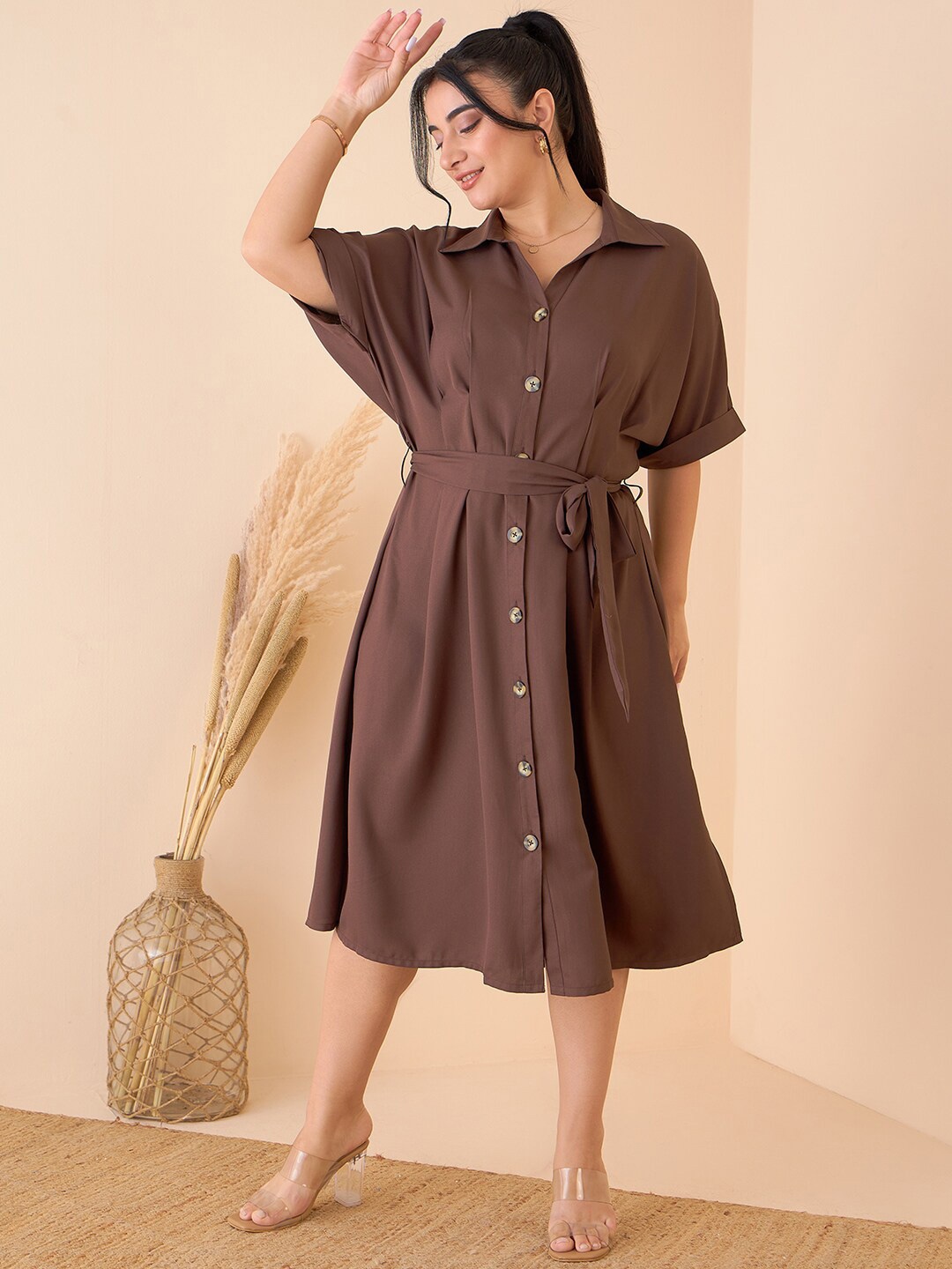 

CURVE BY KASSUALLY Plus Size Solid Tie Up Shirt Midi Dress, Brown