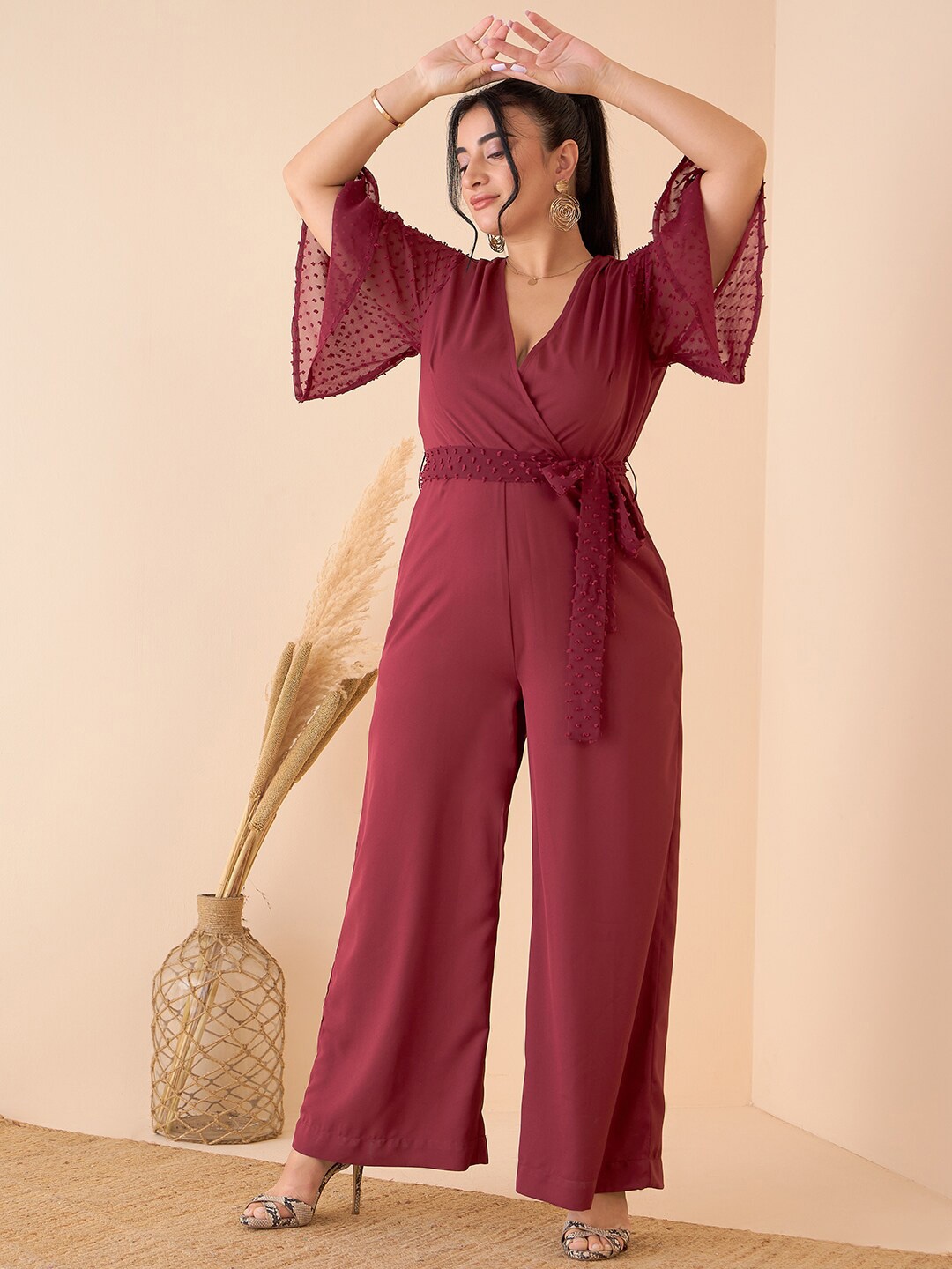 

CURVE BY KASSUALLY Flared Sleeves Basic Jumpsuit, Maroon