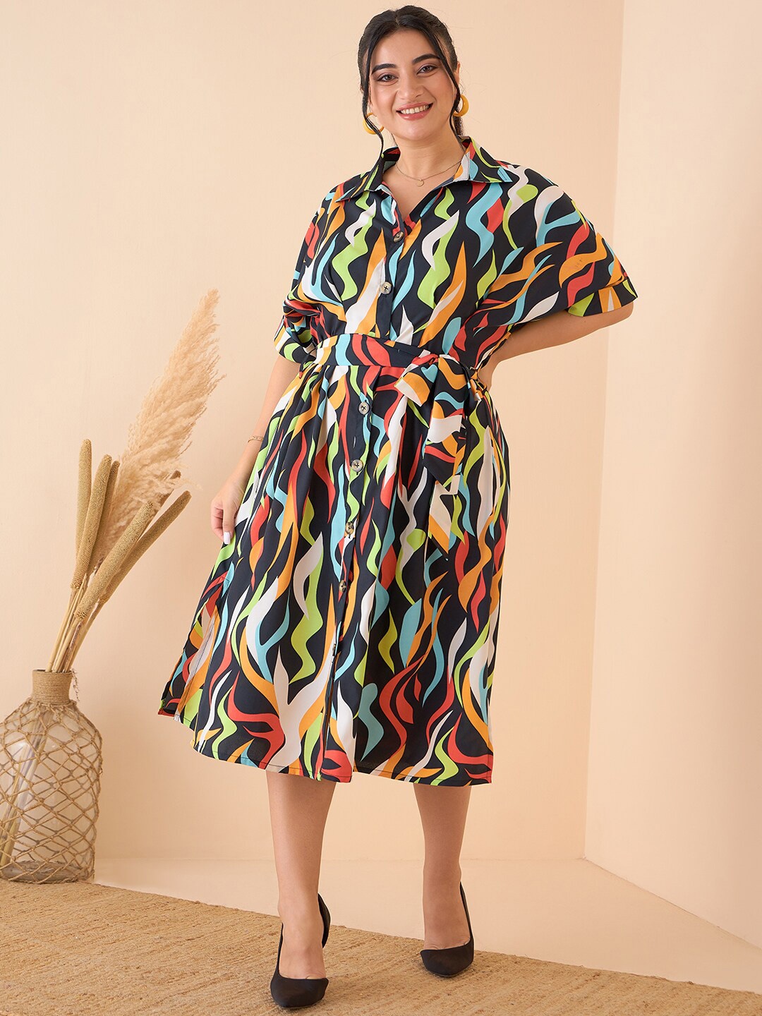 

CURVE BY KASSUALLY Plus Size Navy Blue Abstract Printed Tie-Up Shirt Midi Dress