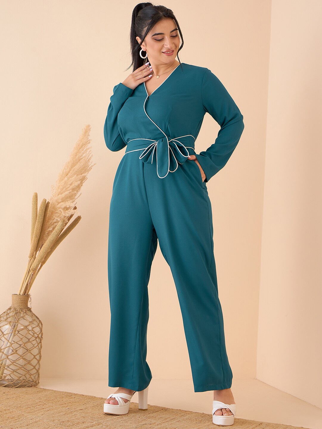 

CURVE BY KASSUALLY V-Neck Waist Tie-Ups Basic Jumpsuit, Teal