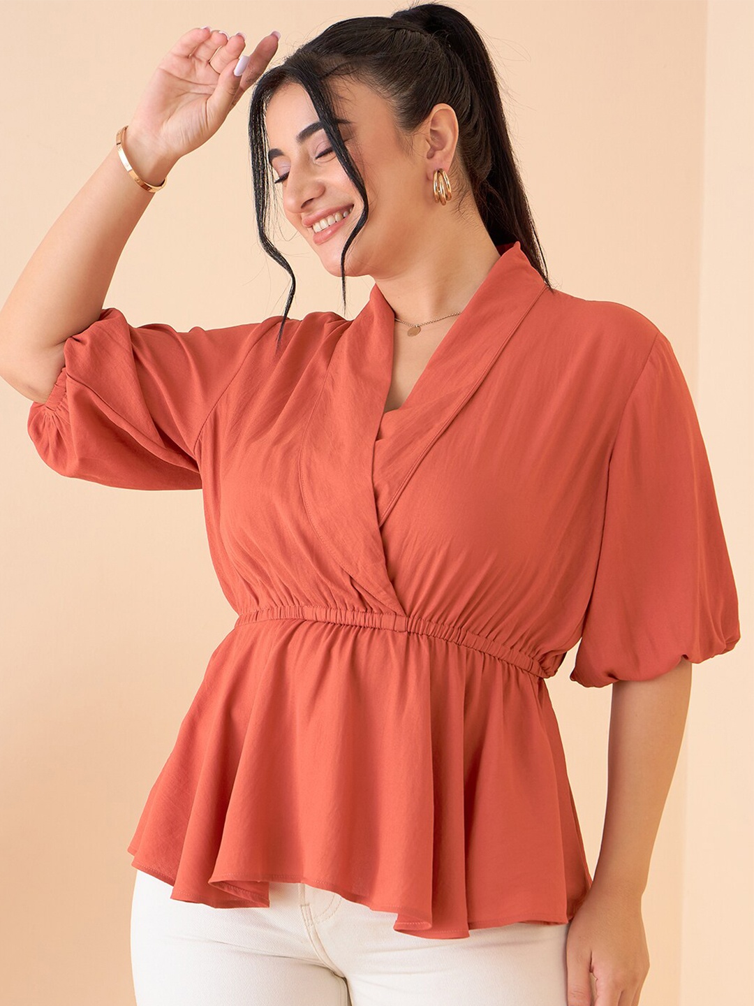 

CURVE BY KASSUALLY Beige V-Neck Puff Sleeves Wrap Top, Rust