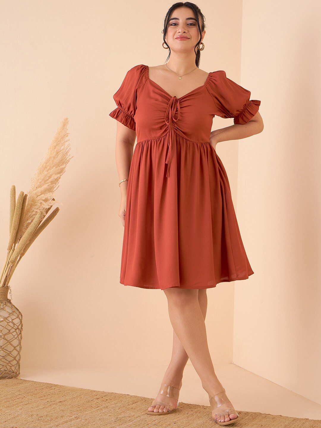 

CURVE BY KASSUALLY Rust Plus Size Sweetheart Neck Ruched Fit & Flare Knee Dress
