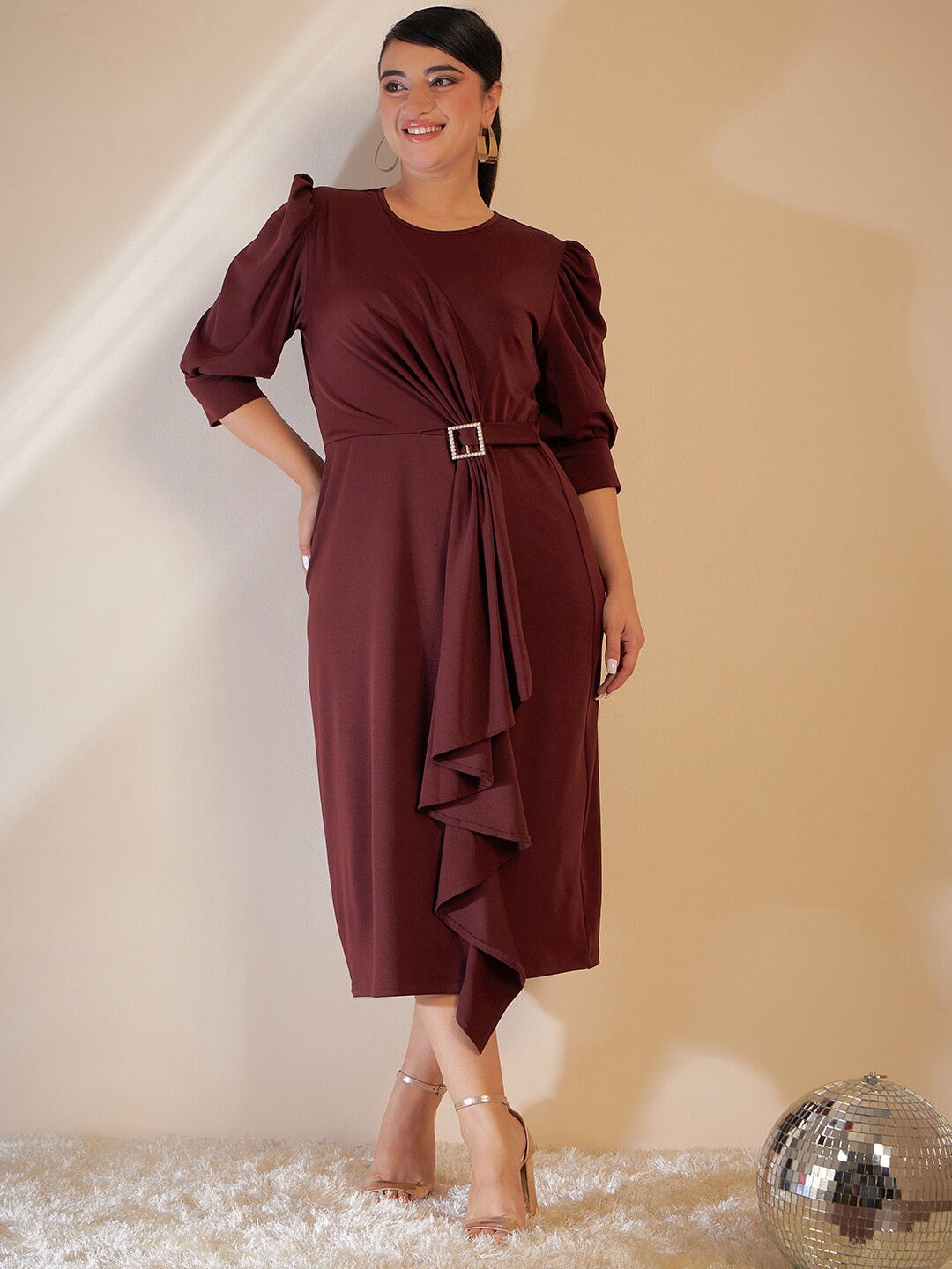 

CURVE BY KASSUALLY Brown Puff Sleeves Ruffled A-Line Midi Dress