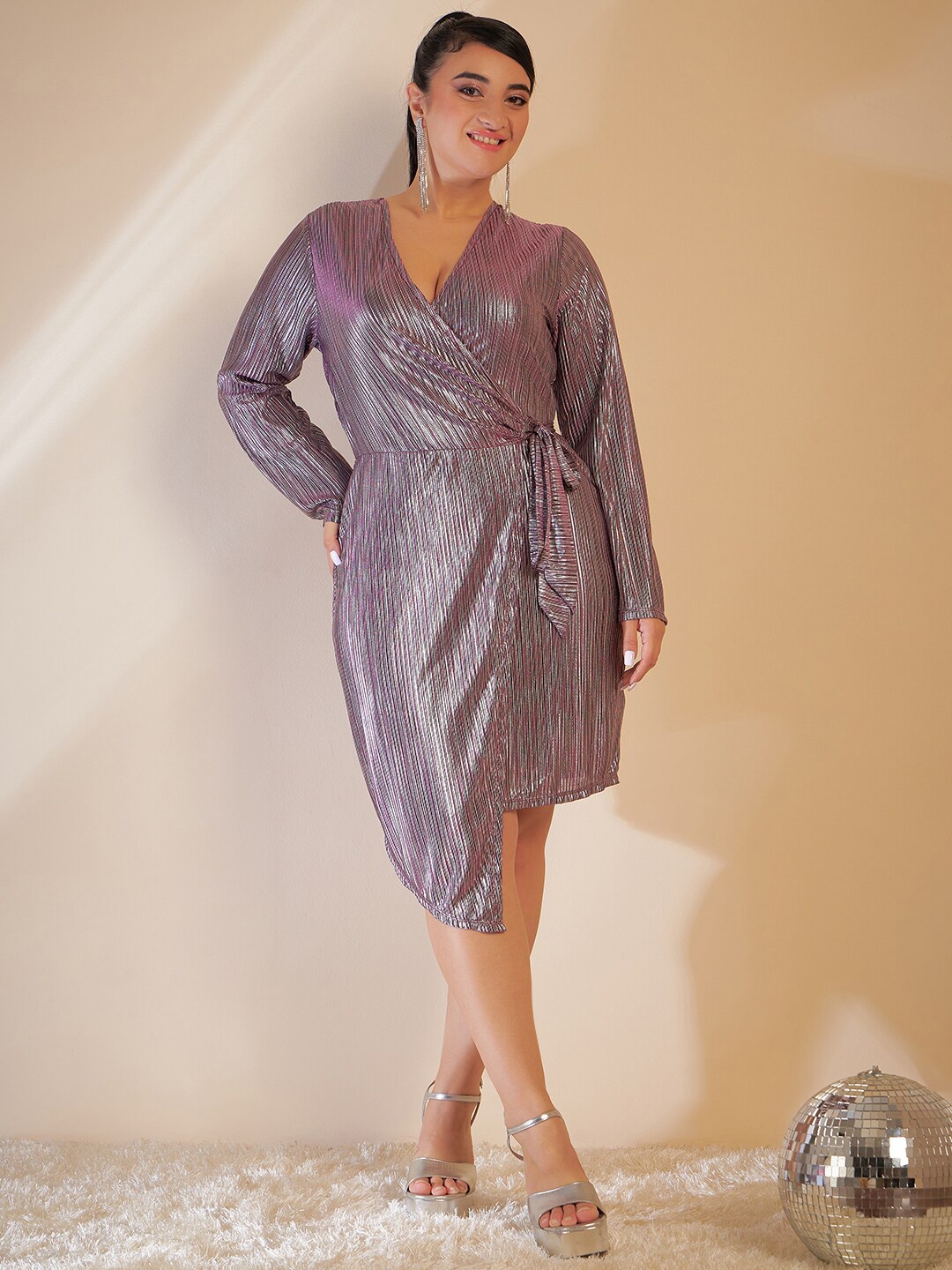 

CURVE BY KASSUALLY Plus Size Purple Embellished V-Neck Wrap Knee Length Dress