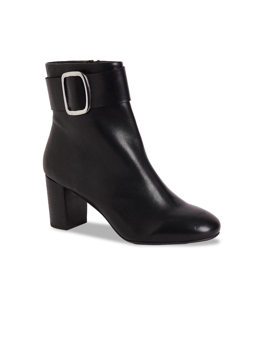 

Peach Flores Women Jane Mid Top Block Heel Leather Regular Boots With Buckle Detail, Black