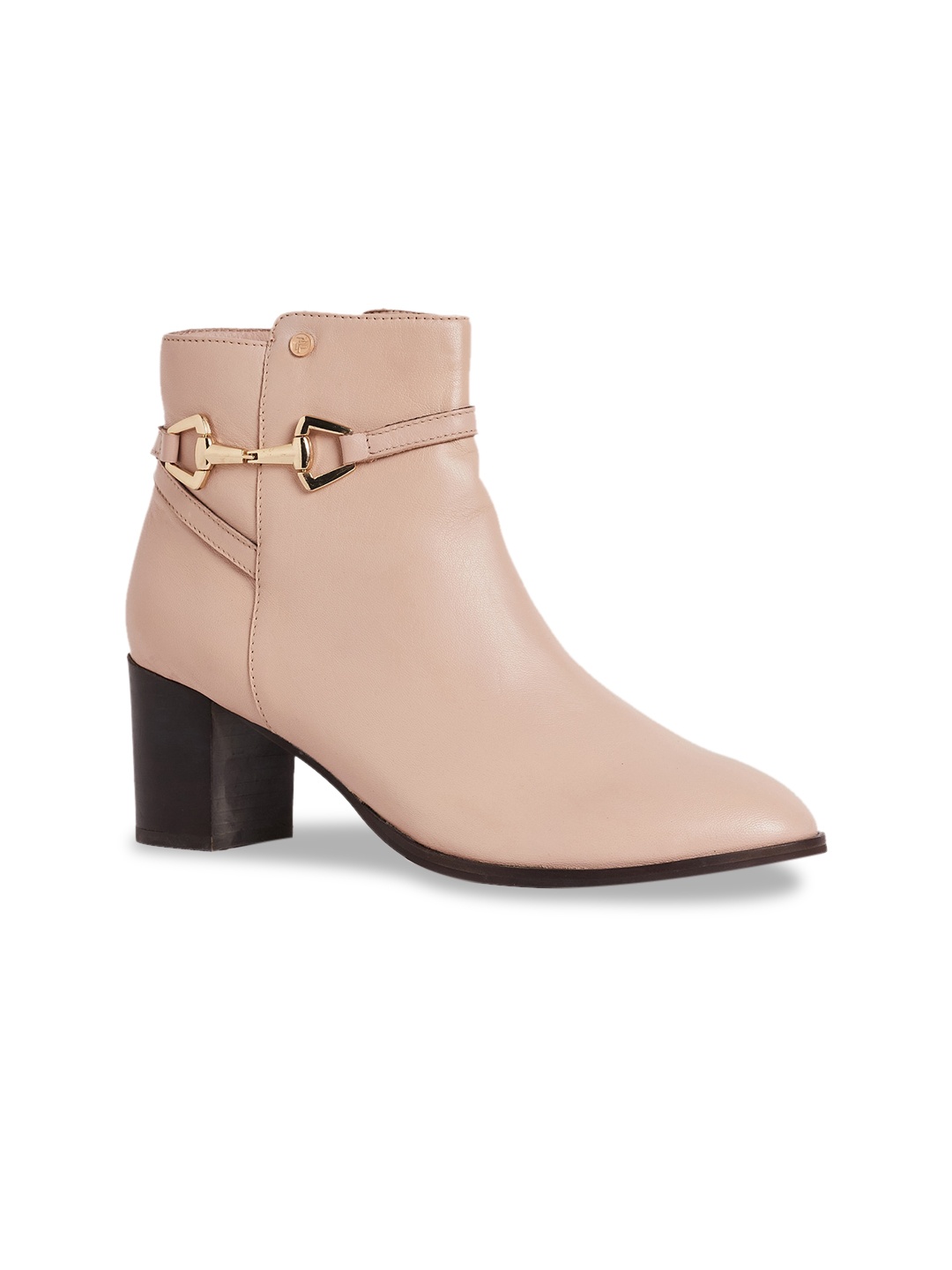 

Peach Flores Women Buckle Detail Heeled Leather Mid-Top Chunky Boots, Nude