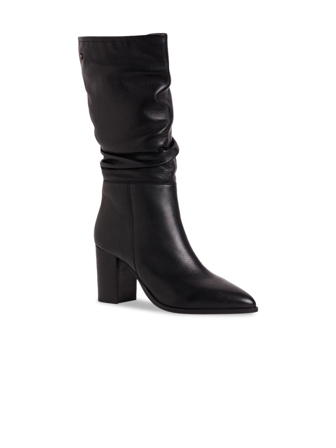 

Peach Flores Women Block Heeled High-Top Leather Slouchy Boots, Black