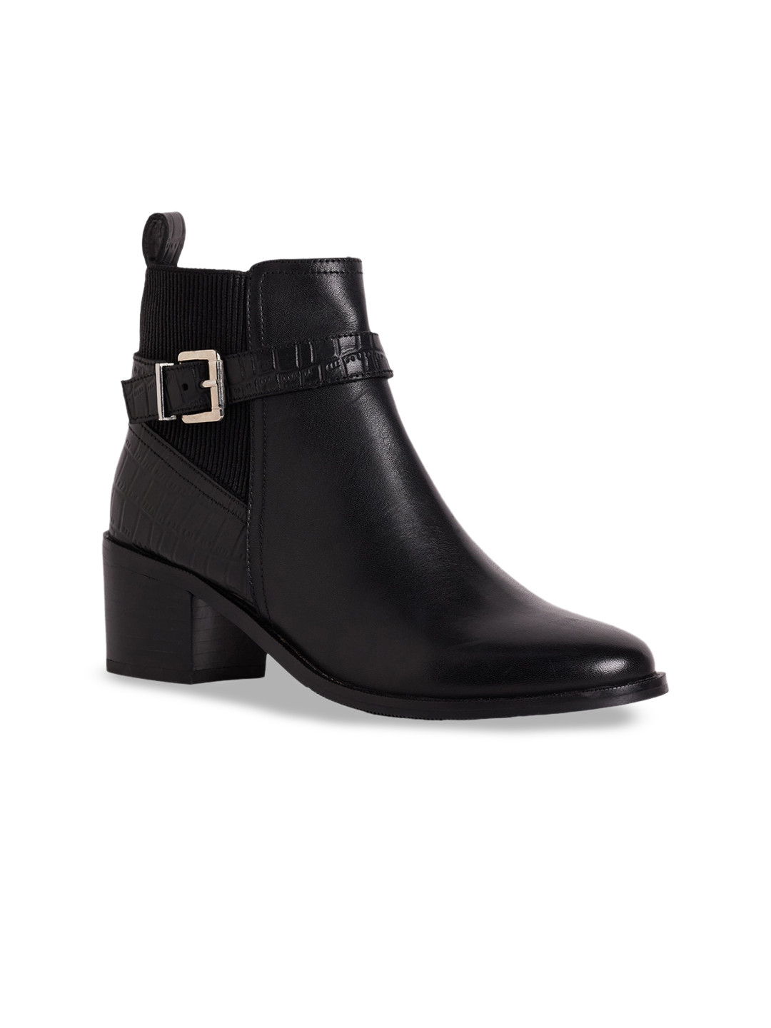 

Peach Flores Women Textured Block Heeled Leather Chunky Boots, Black