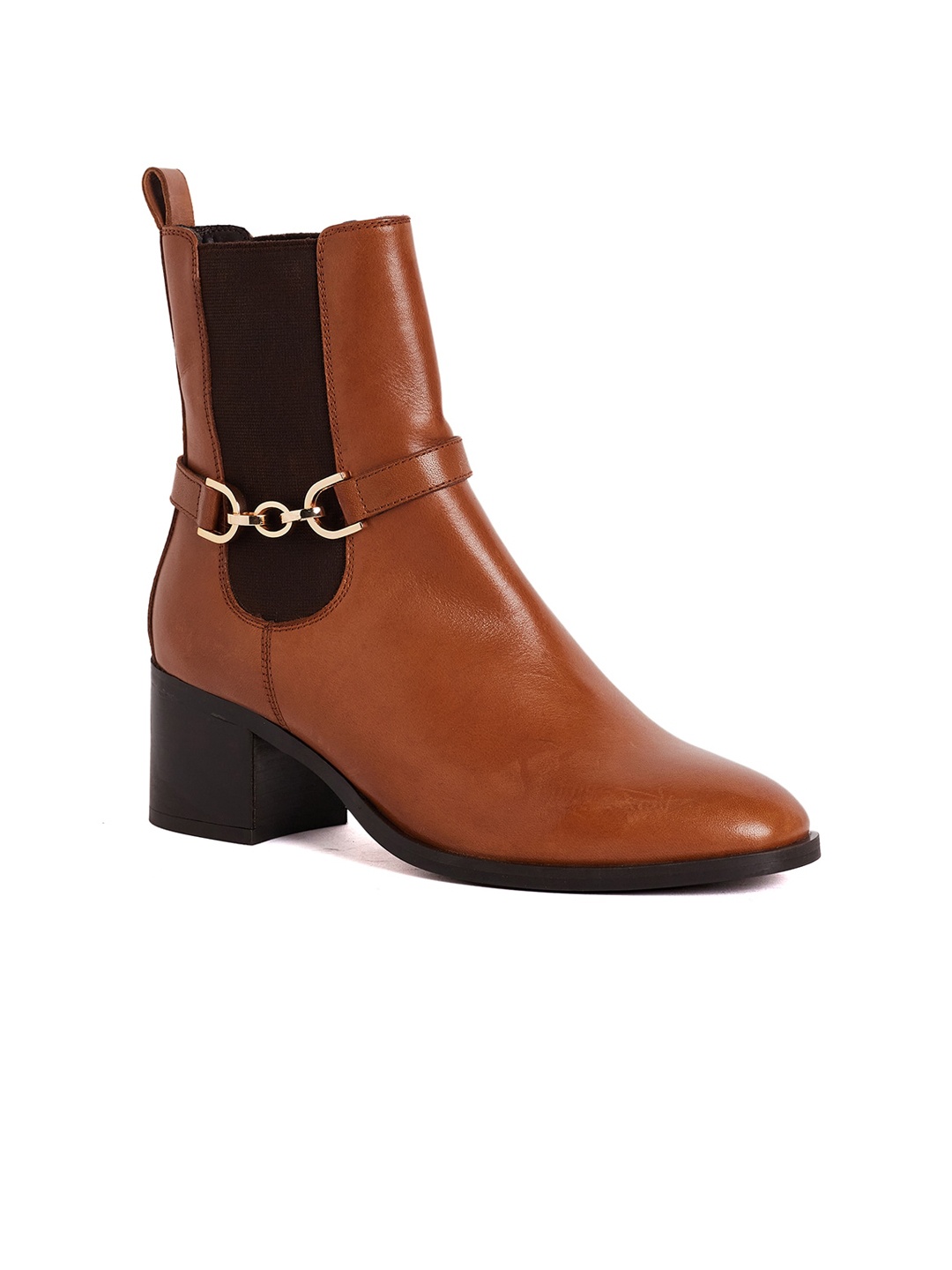 

Peach Flores Women Heeled Buckle Detail Leather Mid-Top Chelsea Boots, Tan