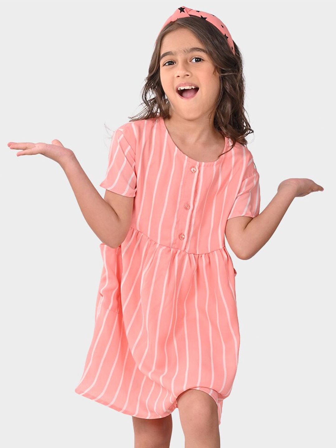 

BONKIDS Striped Cotton A-Line Dress, Peach