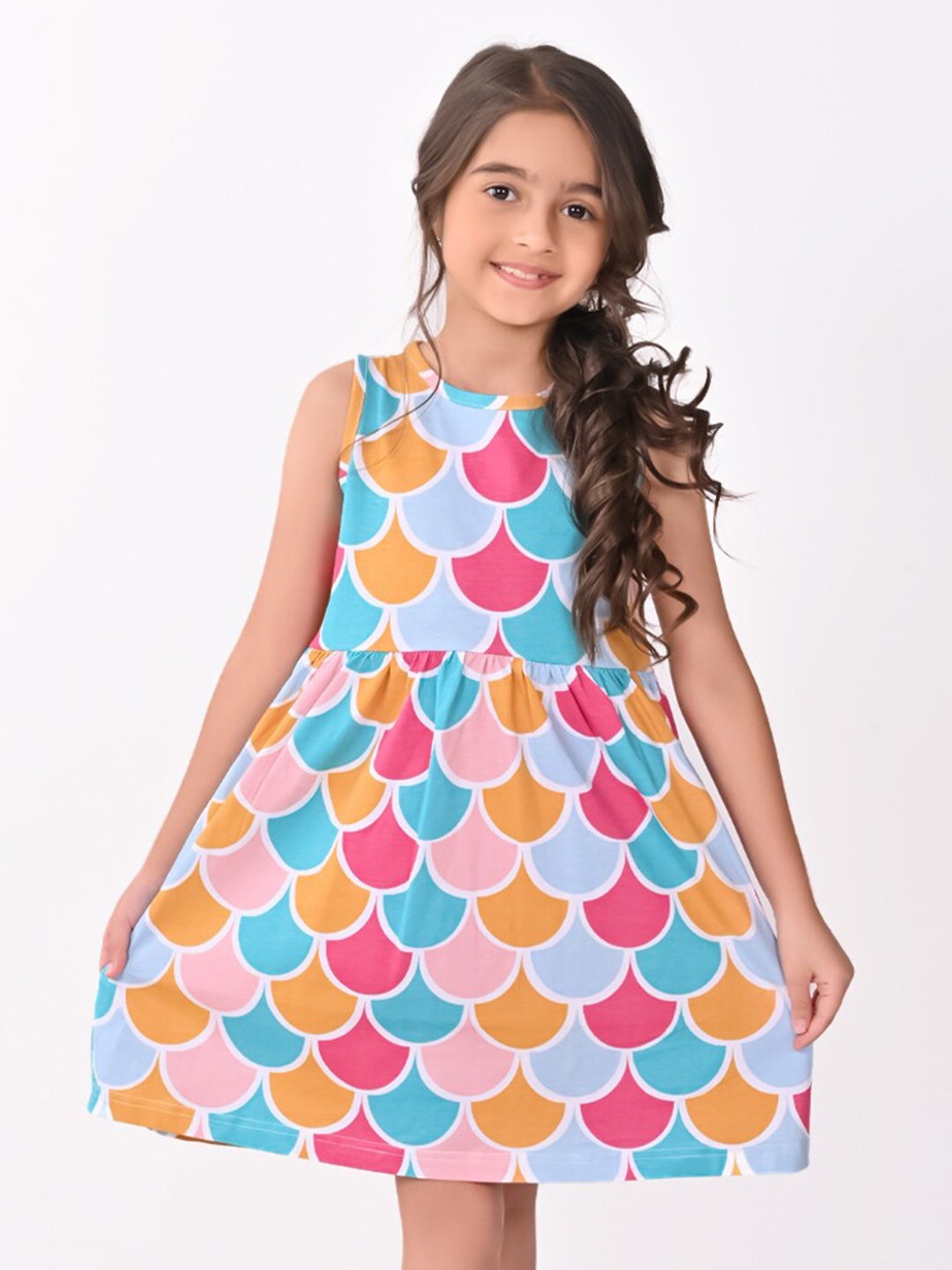 

BONKIDS Girls Geometric Printed Fit & Flare Cotton Dress, Blue
