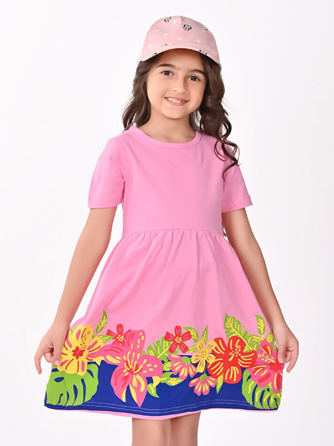 

BONKIDS Floral Printed Cotton Fit & Flare Dress, Pink
