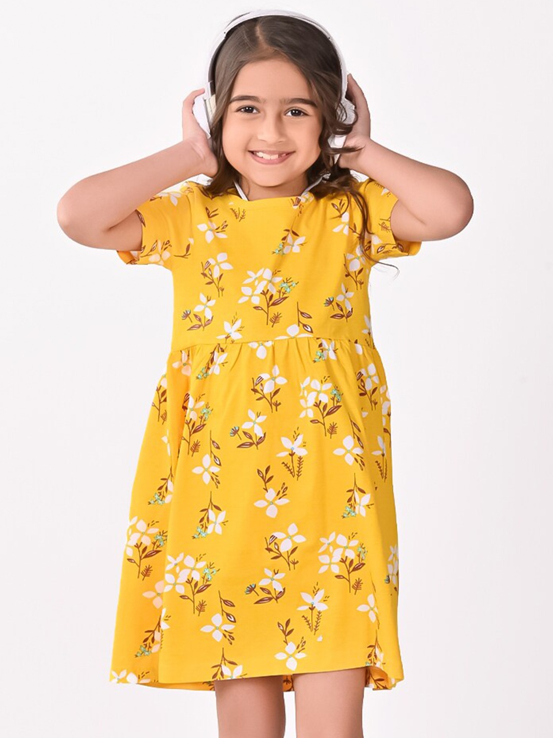 

BONKIDS Girls Floral Print Fit & Flare Cotton Dress, Yellow