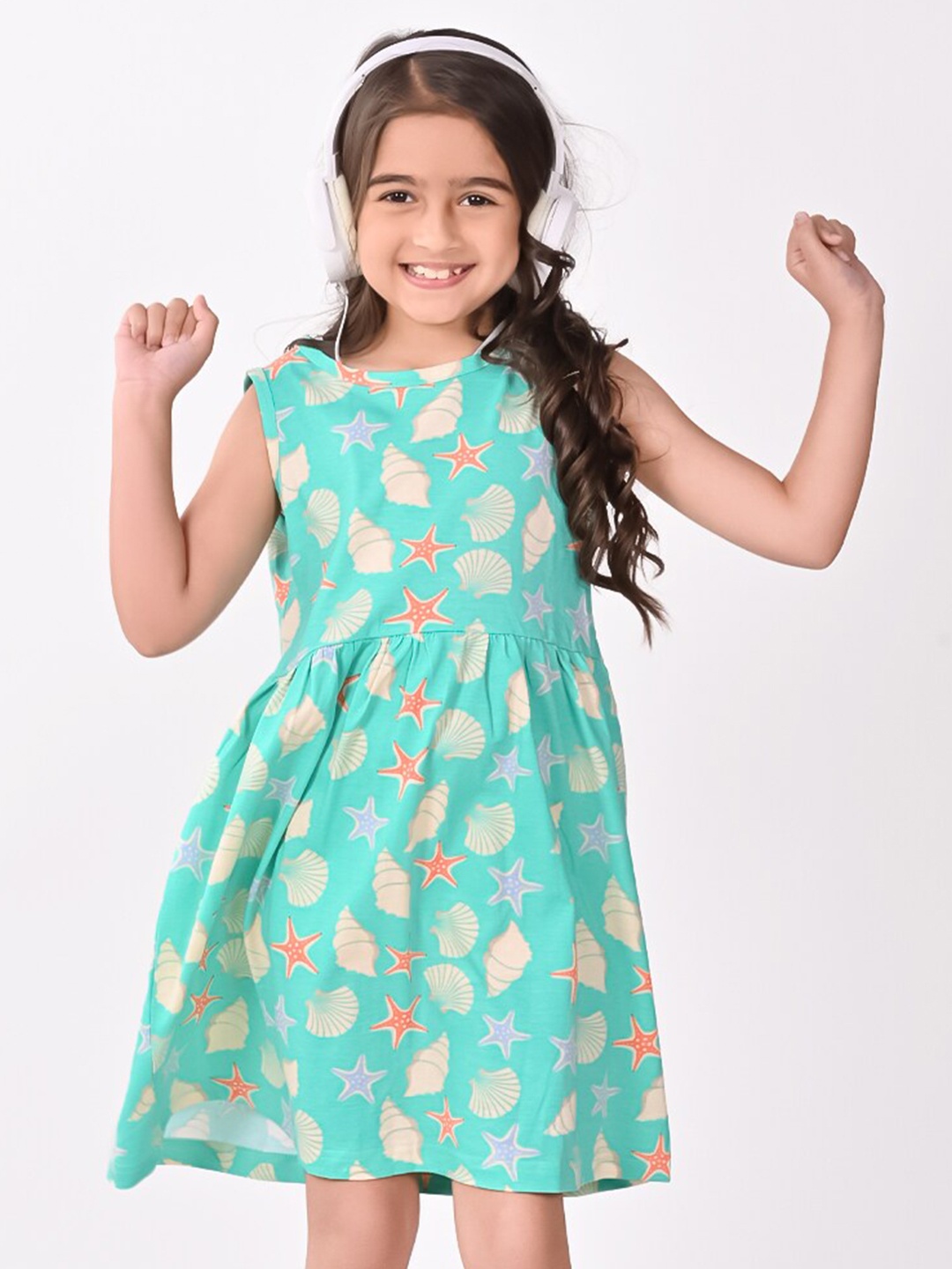 

BONKIDS Girls Conversational Printed A-Line Cotton Dress, Green