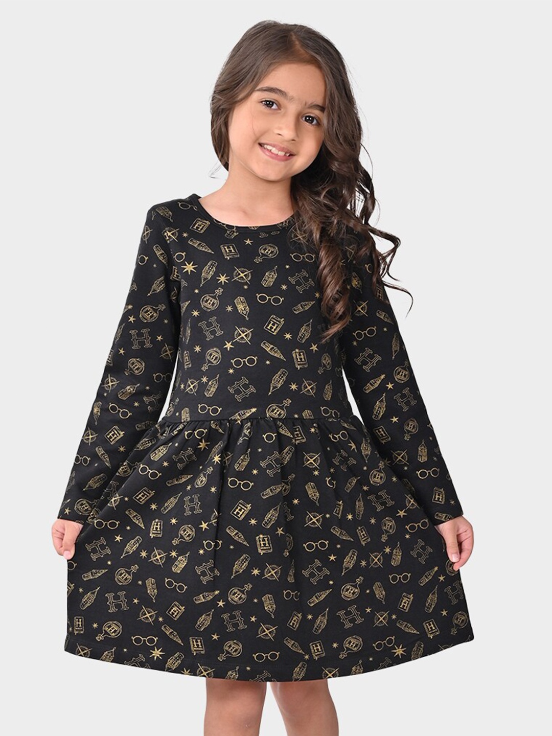 

BONKIDS Girls Conversational Printed A-Line Cotton Dress, Black