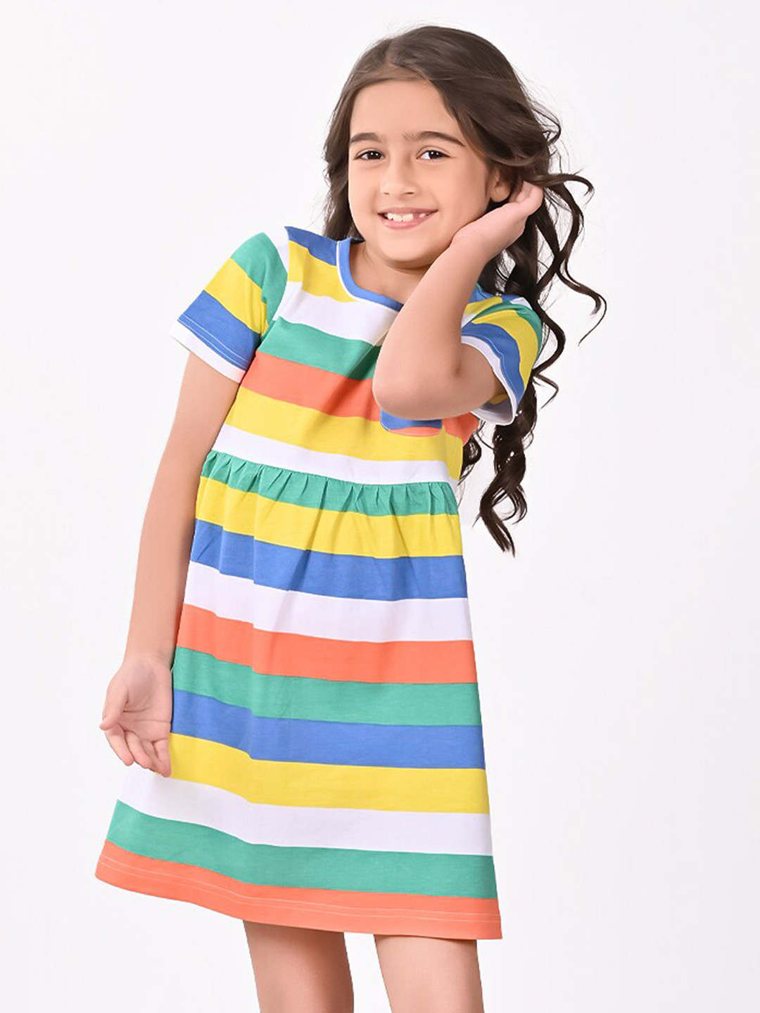 

BONKIDS Girls Striped A-Line Cotton Dress, White