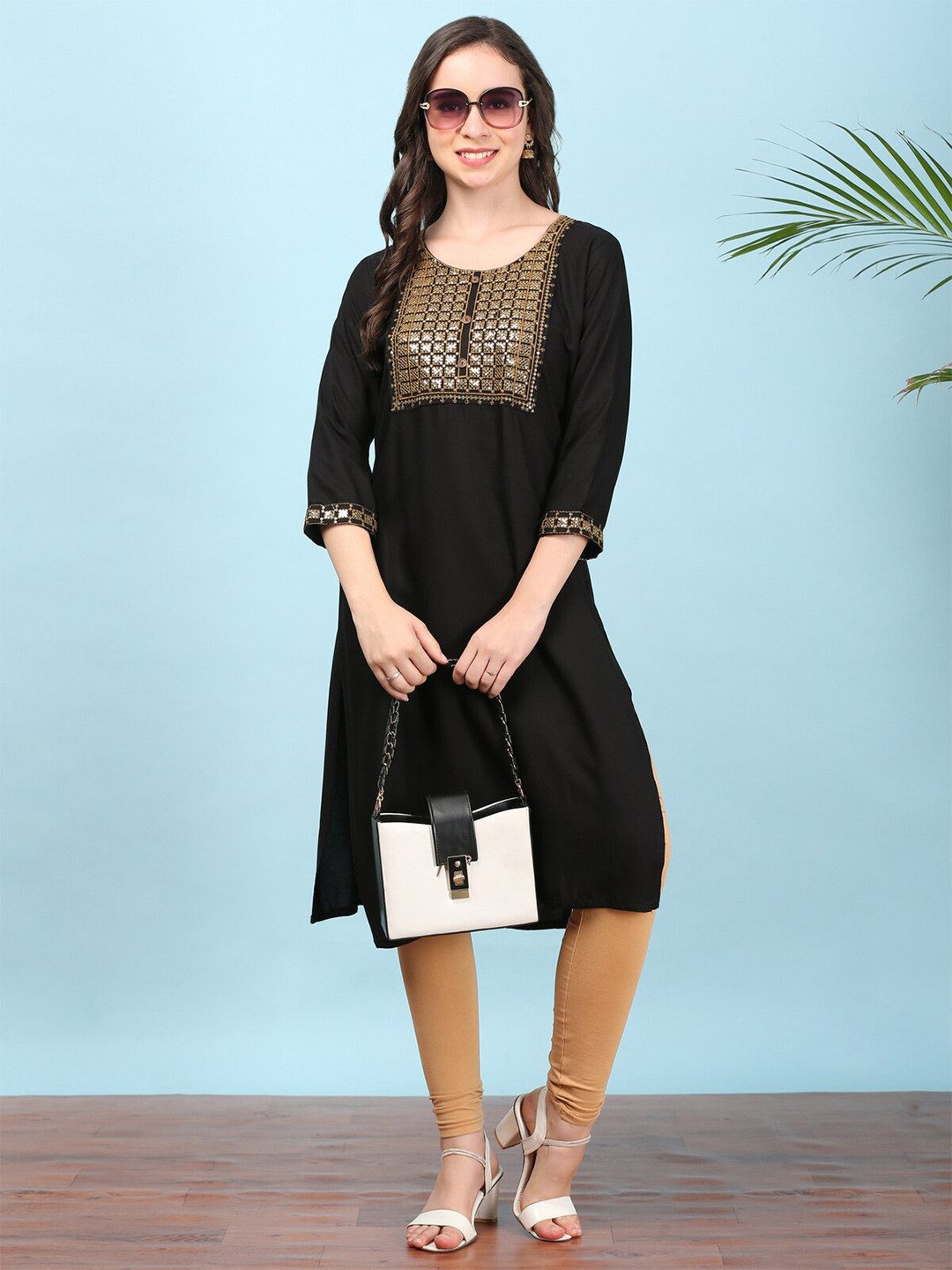 

MYSHA Geometric Embroidered Straight Kurta with Sequinned Detail, Black