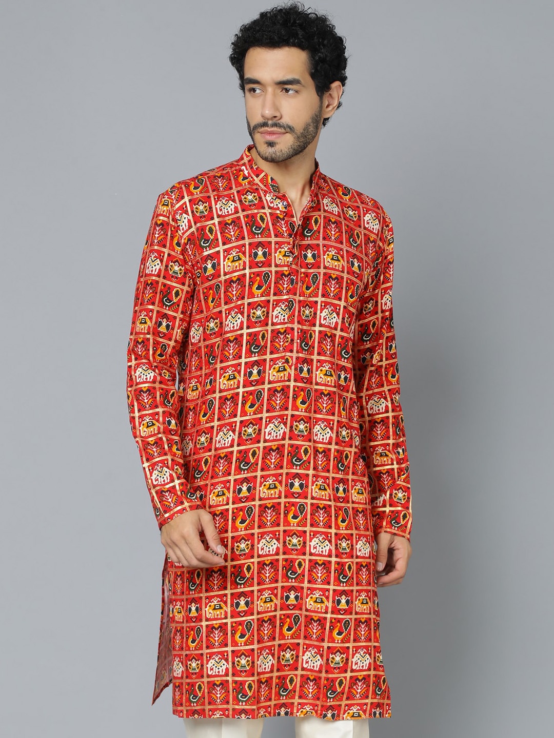 

VASTRAMAY Ethnic Motifs Printed Mandarin Collar Straight Kurta, Red