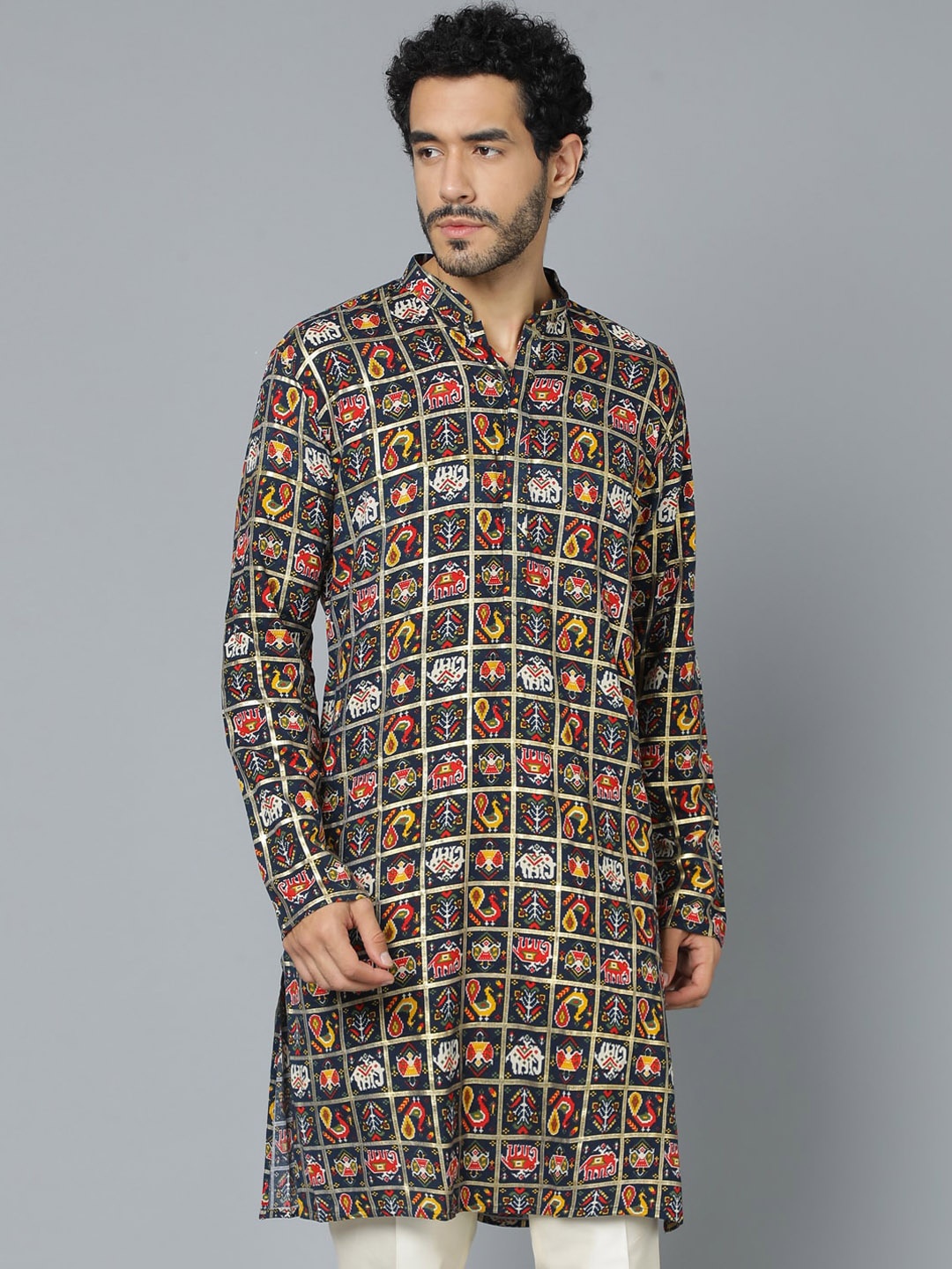 

VASTRAMAY Ethnic Motifs Printed Mandarin Collar Straight Kurta, Navy blue