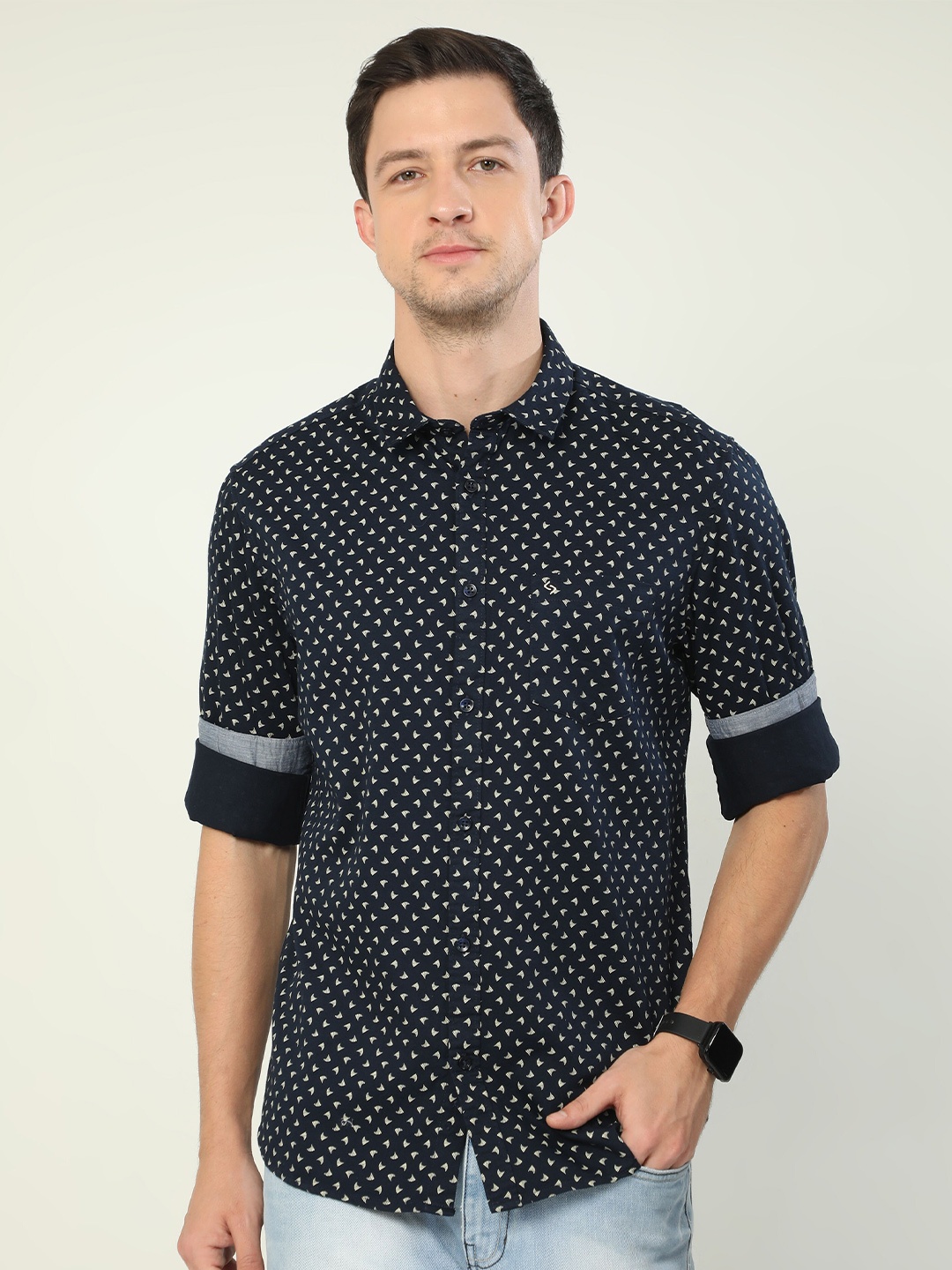 

Classic Polo India Slim Geometric Printed Cotton Casual Shirt, Navy blue