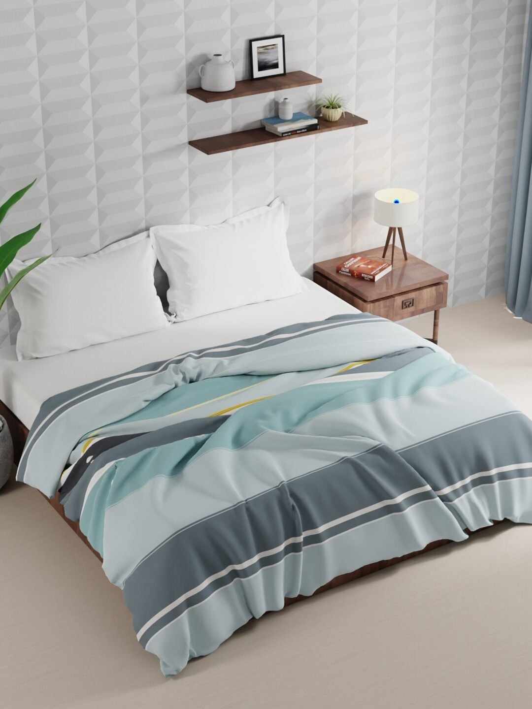 

BIANCA Turquoise Blue & Grey Striped Microfiber AC Room 120 GSM Double Bed Comforter
