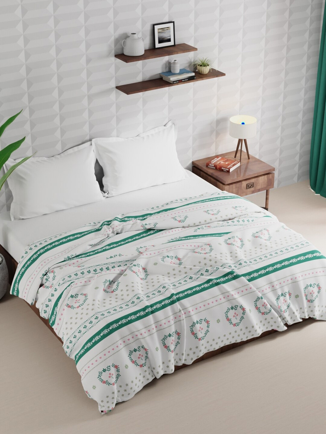 

BIANCA White & Green Floral Microfiber AC Room 120 GSM Double Bed Comforter