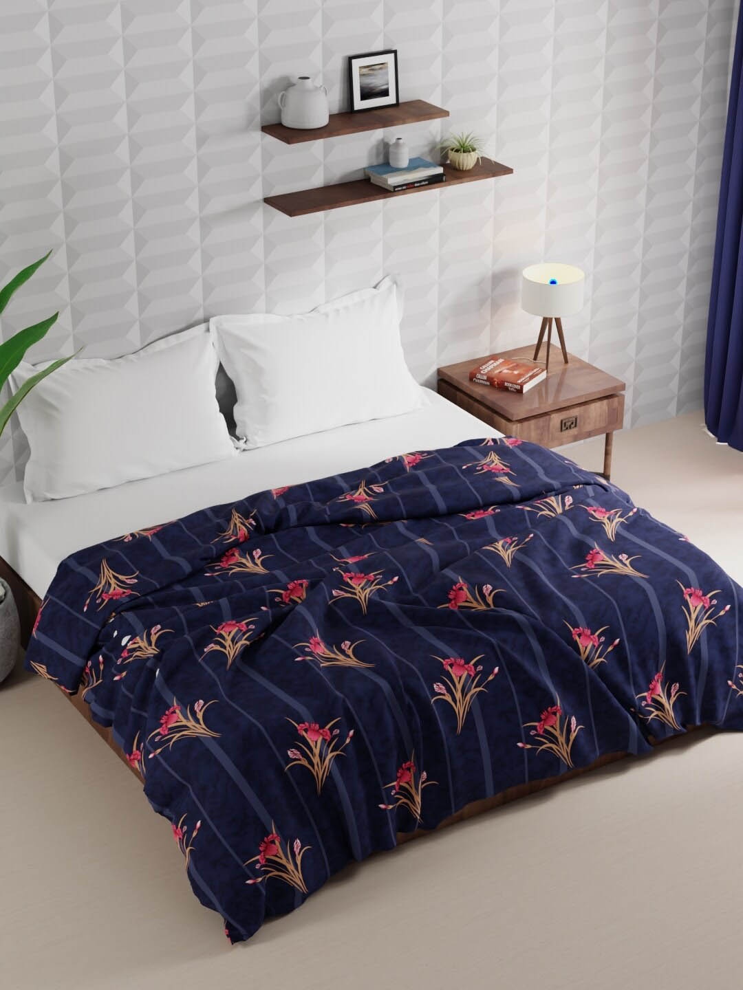 

BIANCA Rumba Navy Blue & Pink Floral Microfiber AC Room 120 GSM Double Bed Comforter