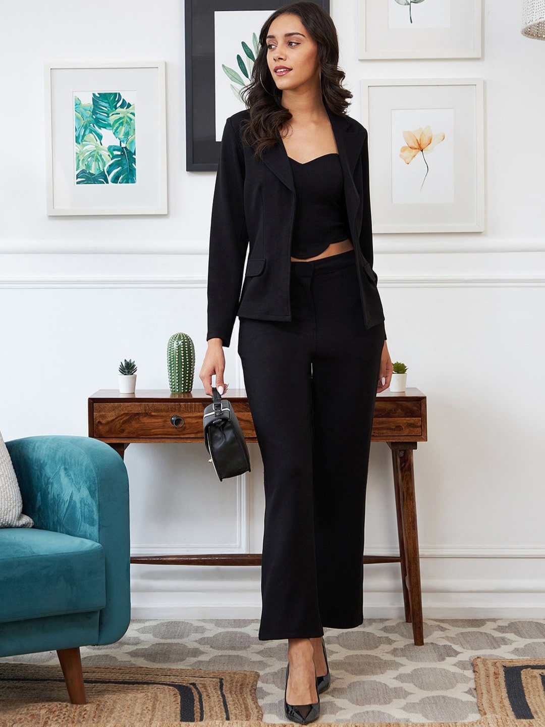 

Ziva Fashion Crop Top & Trousers Co-Ords With Blazer, Black